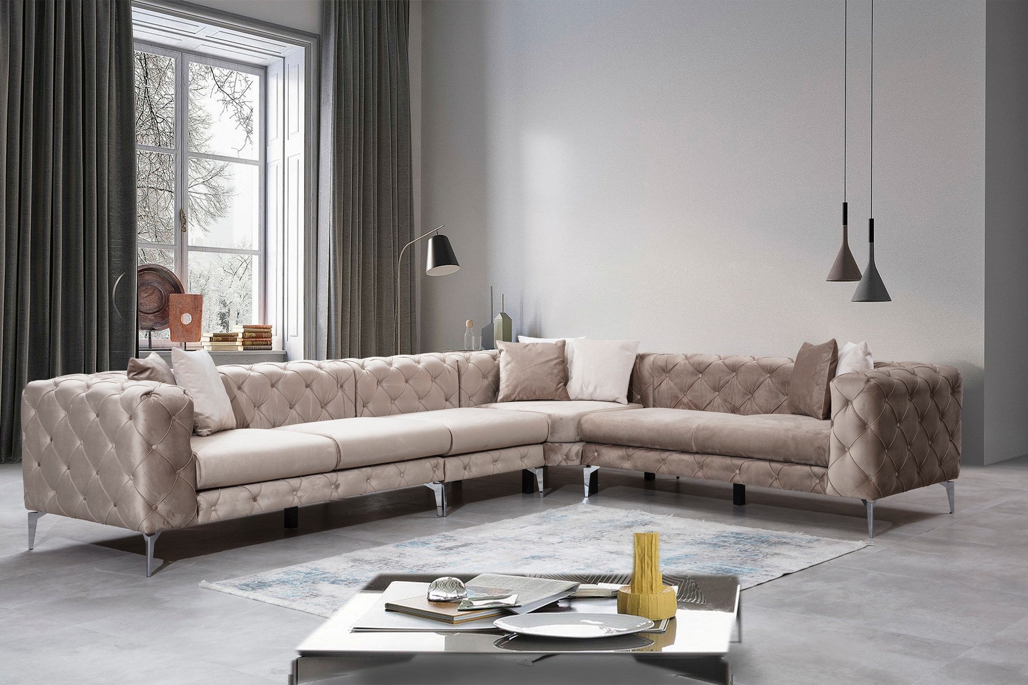 Sofá de canto moderno, bege, 310 cm | Estrutura em madeira de faia e aglomerado, 100% poliéster, 5 almofadas incluídas | Elegante e confortável para qualquer ambiente