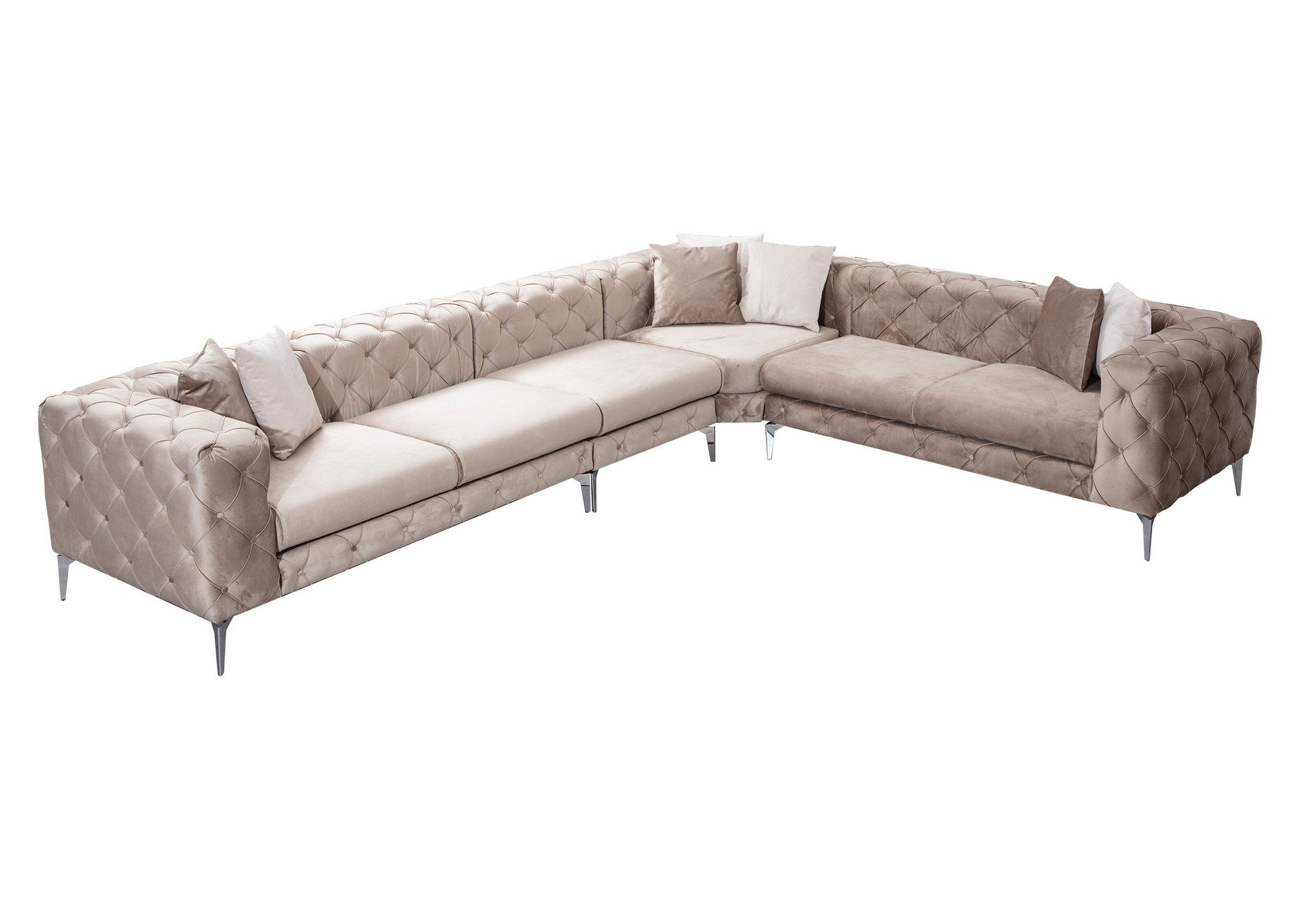 Sofá de canto moderno, bege, 310 cm | Estrutura em madeira de faia e aglomerado, 100% poliéster, 5 almofadas incluídas | Elegante e confortável para qualquer ambiente
