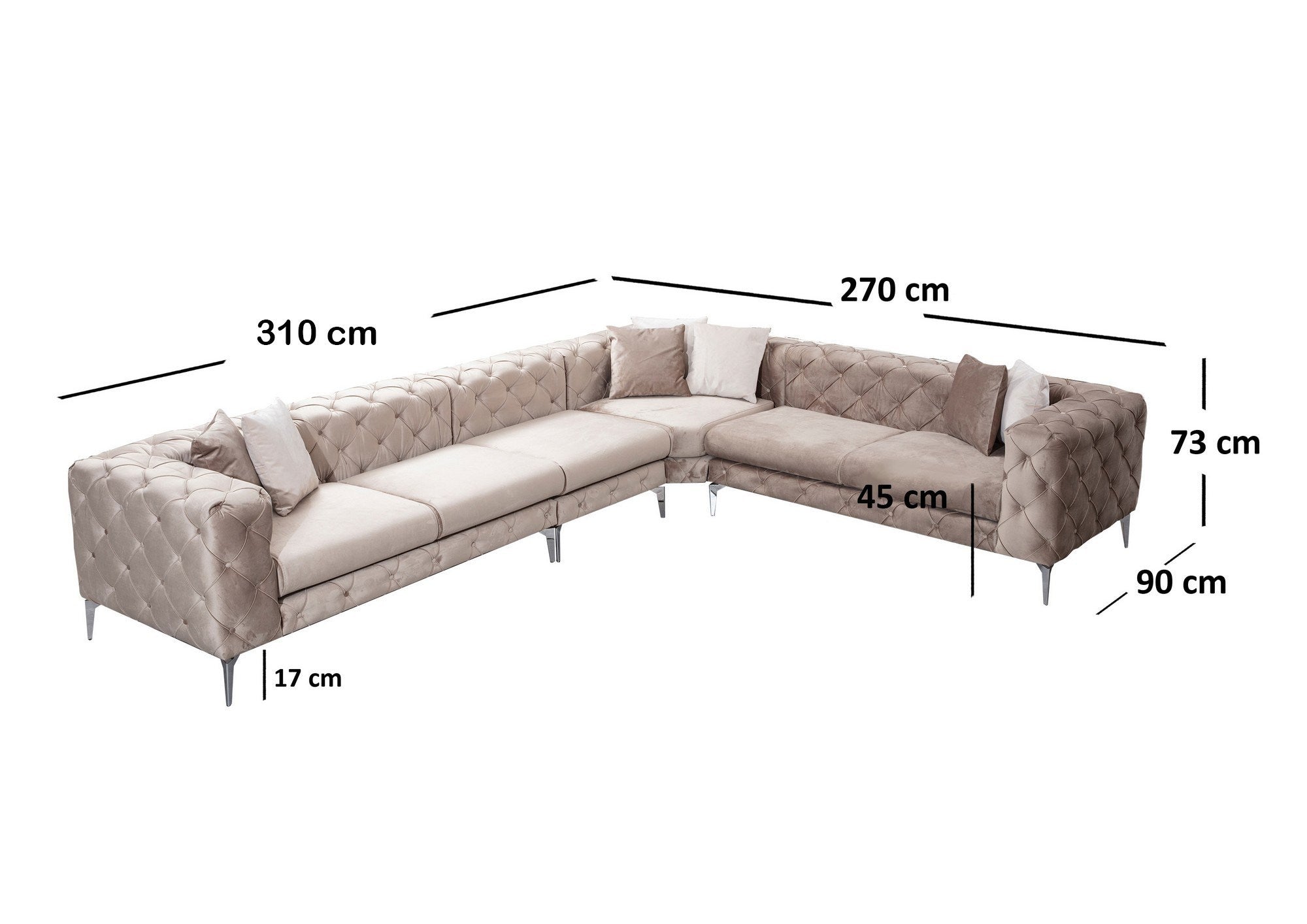 Sofá de canto moderno, bege, 310 cm | Estrutura em madeira de faia e aglomerado, 100% poliéster, 5 almofadas incluídas | Elegante e confortável para qualquer ambiente
