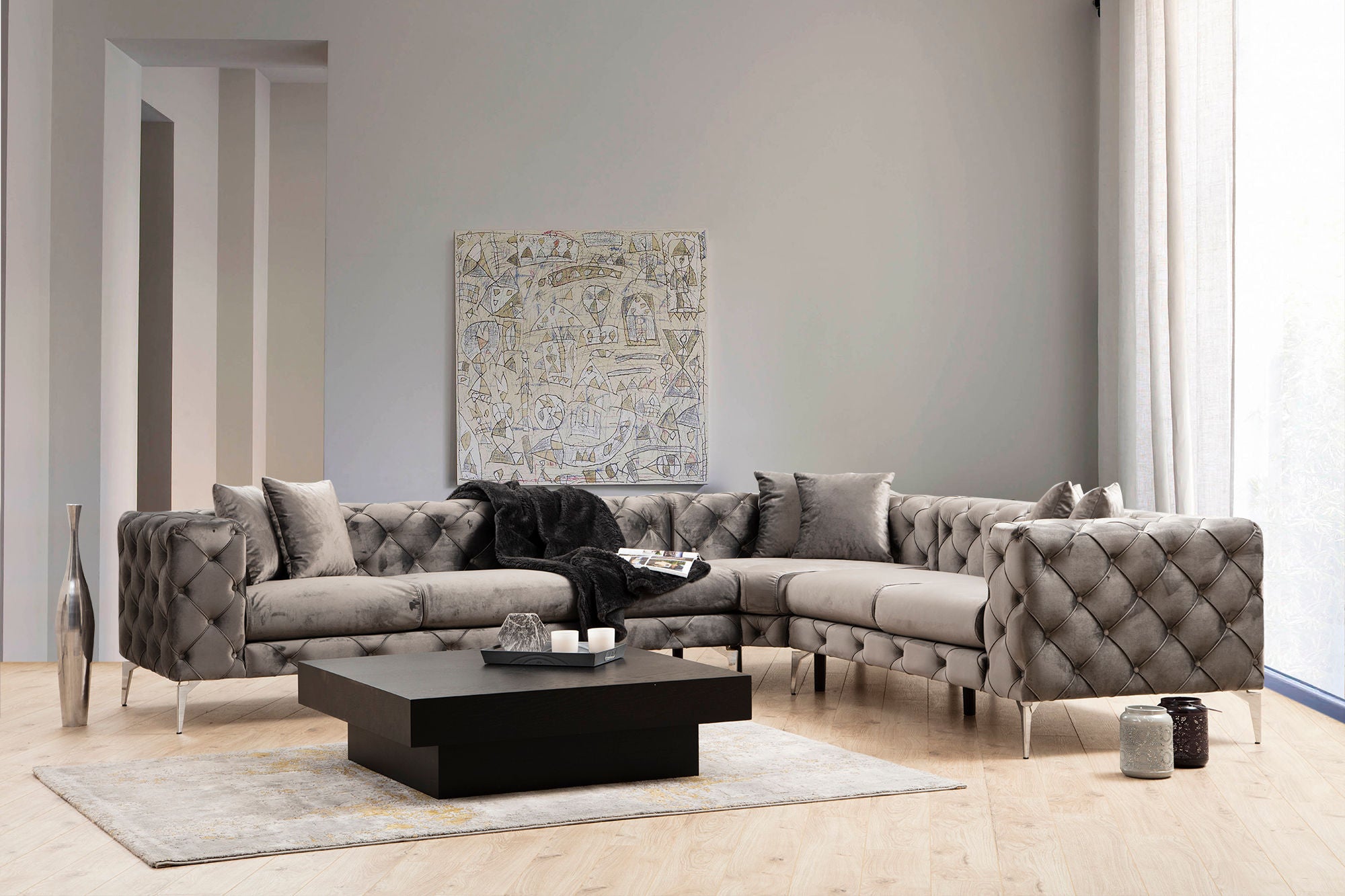 Sofá de Canto Moderno, Antracite, 310 cm | Estrutura em Madeira de Faia e Aglomerado, 100% Poliéster, 6 Almofadas, Capas Removíveis, Pés de Metal | Elegante e Confortável