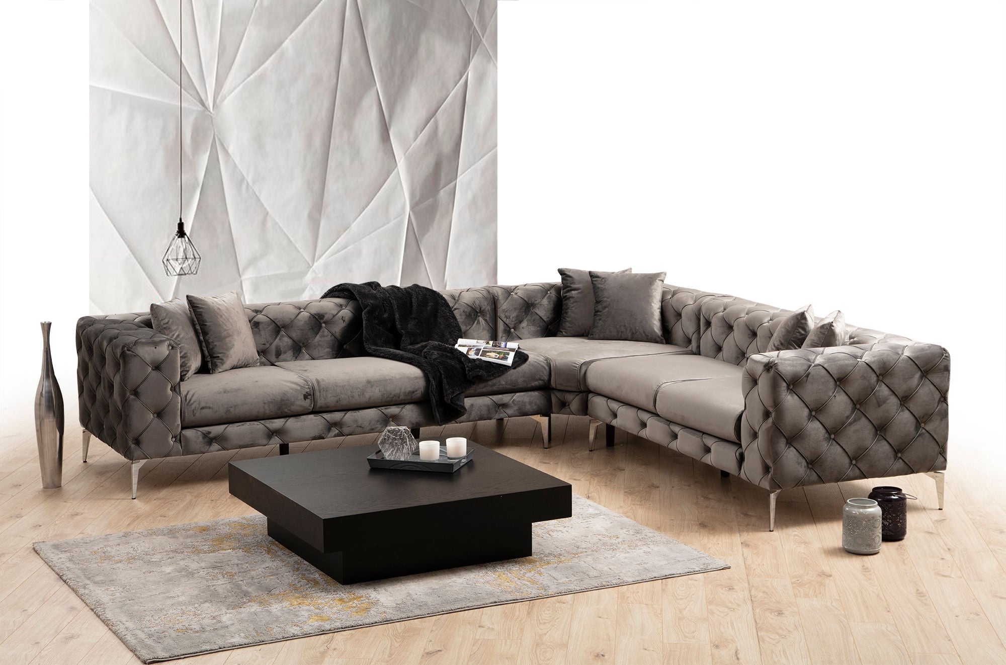 Sofá de Canto Moderno, Antracite, 310 cm | Estrutura em Madeira de Faia e Aglomerado, 100% Poliéster, 6 Almofadas, Capas Removíveis, Pés de Metal | Elegante e Confortável