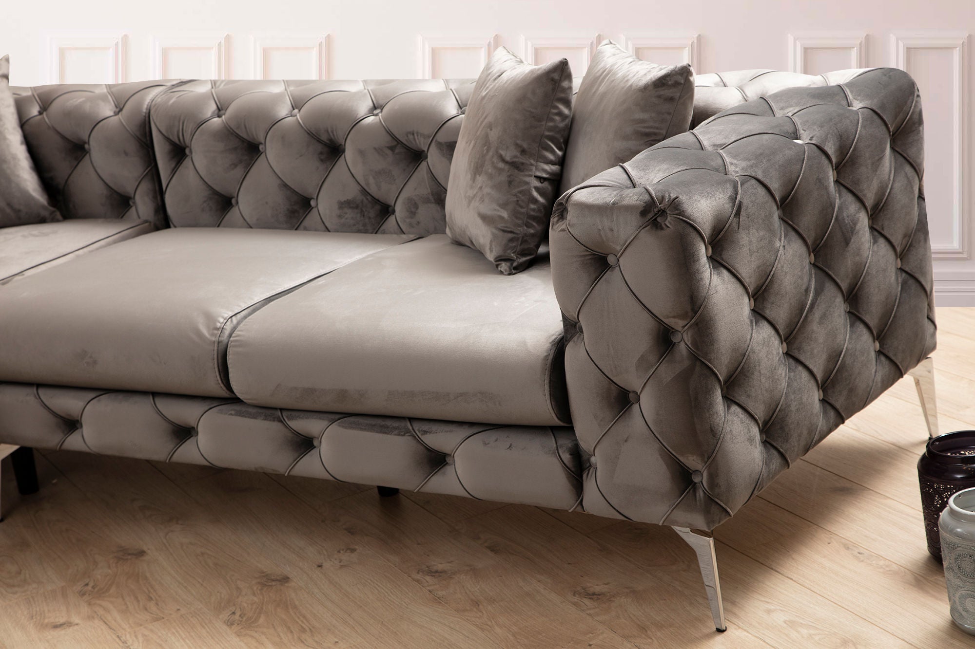 Sofá de Canto Moderno, Antracite, 310 cm | Estrutura em Madeira de Faia e Aglomerado, 100% Poliéster, 6 Almofadas, Capas Removíveis, Pés de Metal | Elegante e Confortável