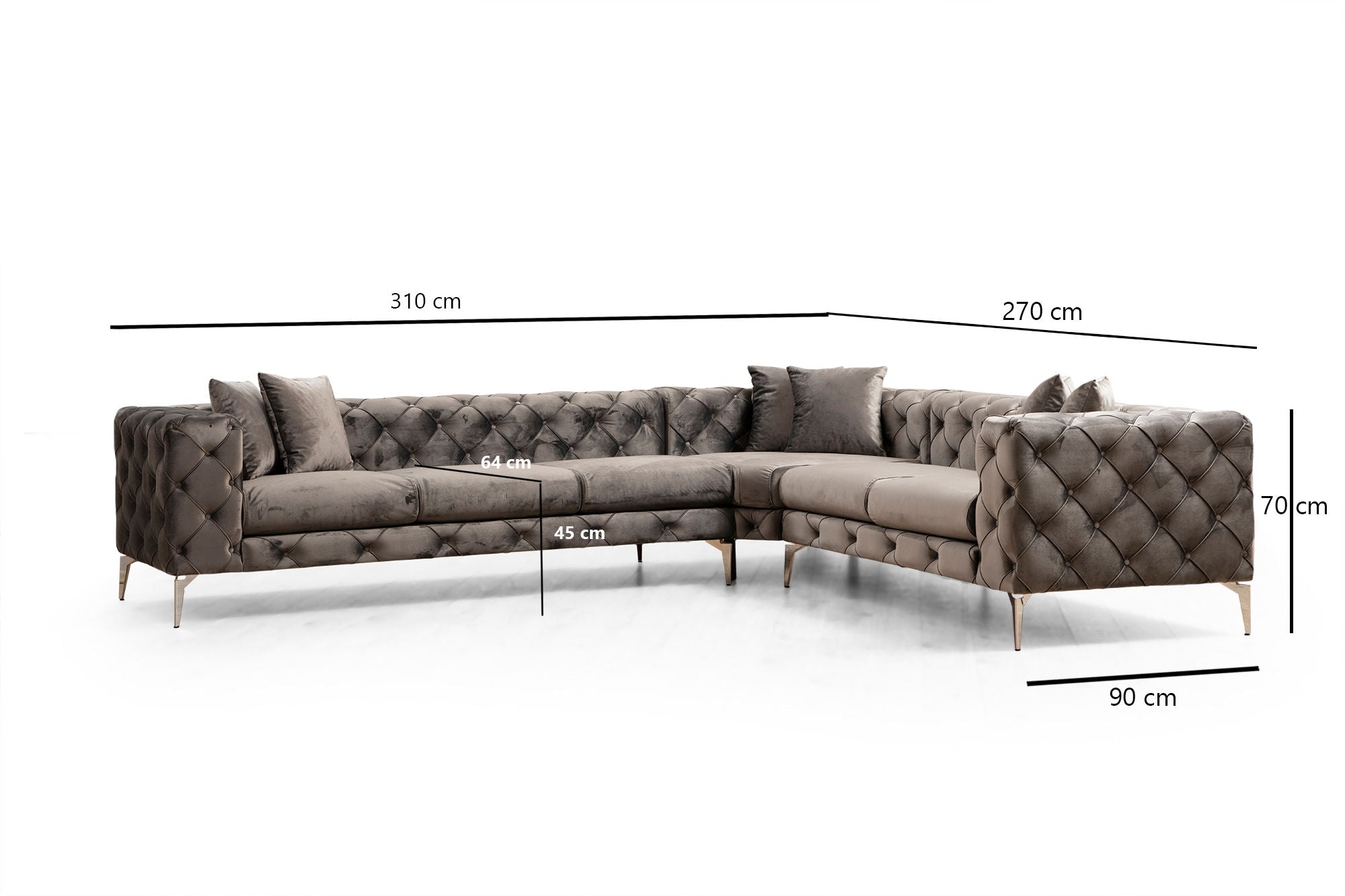 Sofá de Canto Moderno, Antracite, 310 cm | Estrutura em Madeira de Faia e Aglomerado, 100% Poliéster, 6 Almofadas, Capas Removíveis, Pés de Metal | Elegante e Confortável