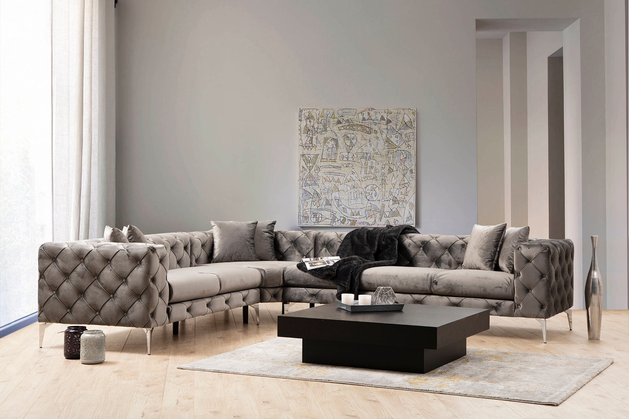 Sofá de Canto Moderno, Antracite, 310 cm | Estrutura em Madeira de Faia e Aglomerado, 100% Poliéster, 6 Almofadas, Capas Removíveis, Pés de Metal | Elegante e Confortável