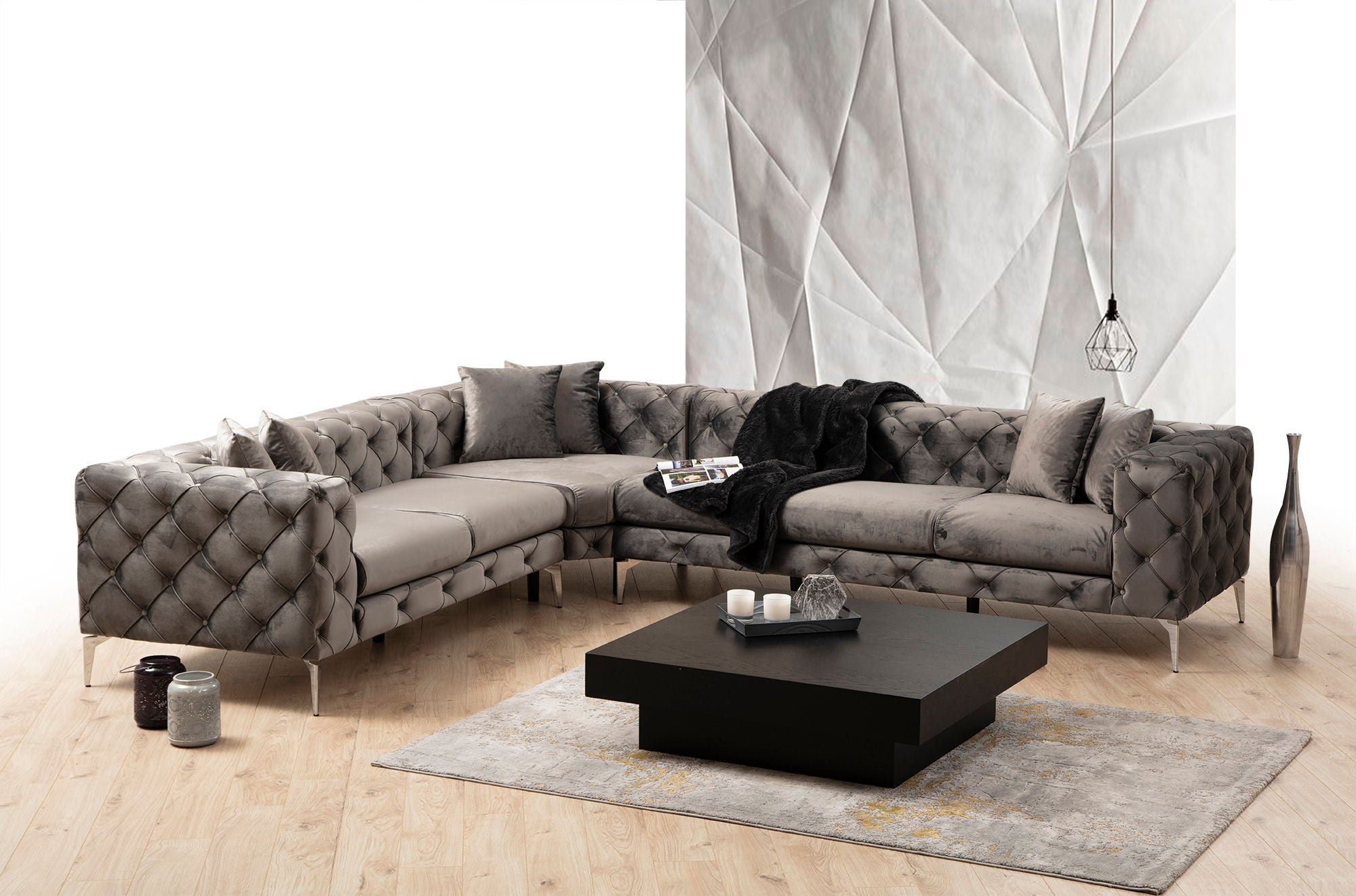 Sofá de Canto Moderno, Antracite, 310 cm | Estrutura em Madeira de Faia e Aglomerado, 100% Poliéster, 6 Almofadas, Capas Removíveis, Pés de Metal | Elegante e Confortável