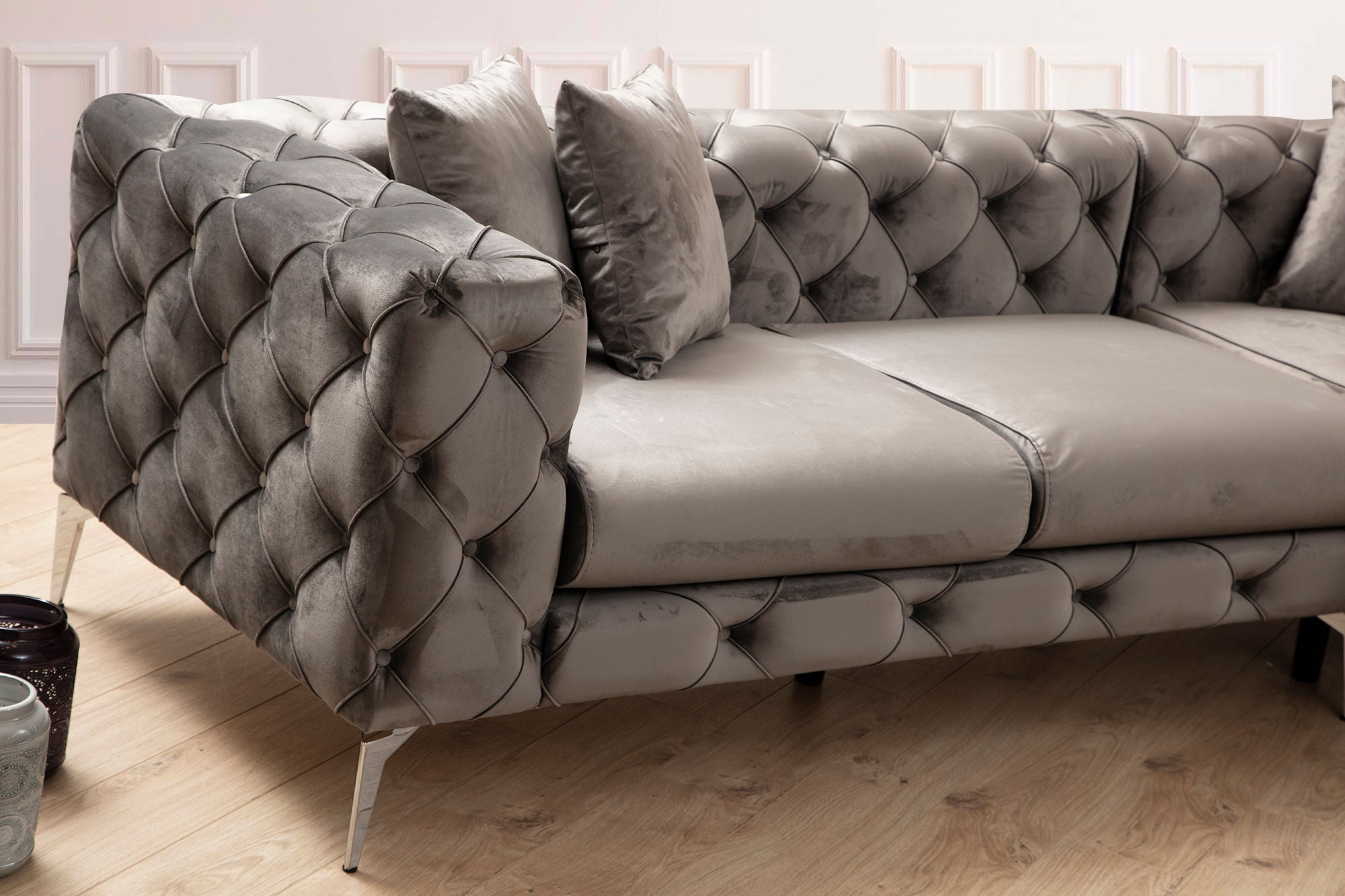 Sofá de Canto Moderno, Antracite, 310 cm | Estrutura em Madeira de Faia e Aglomerado, 100% Poliéster, 6 Almofadas, Capas Removíveis, Pés de Metal | Elegante e Confortável