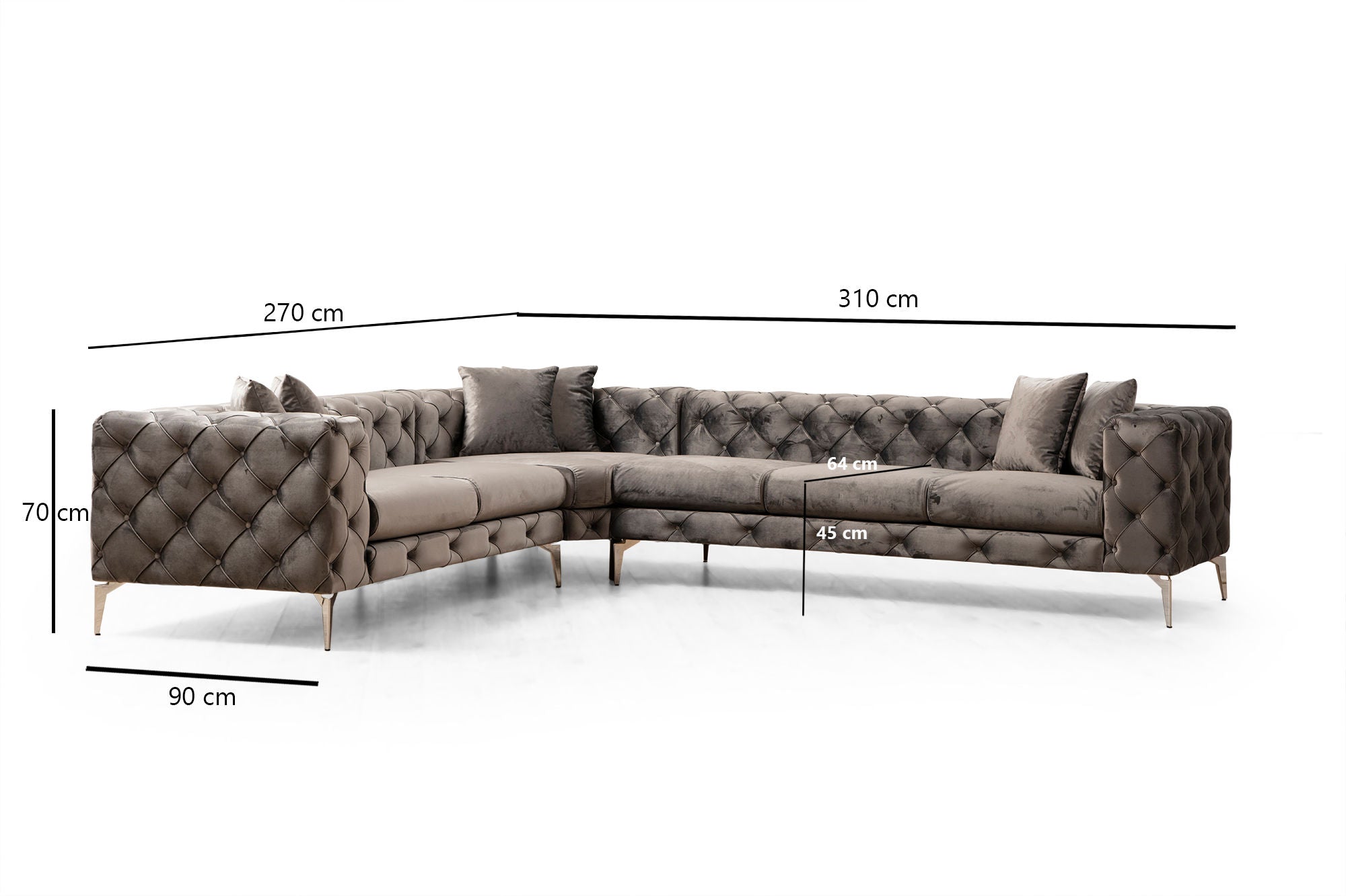 Sofá de Canto Moderno, Antracite, 310 cm | Estrutura em Madeira de Faia e Aglomerado, 100% Poliéster, 6 Almofadas, Capas Removíveis, Pés de Metal | Elegante e Confortável