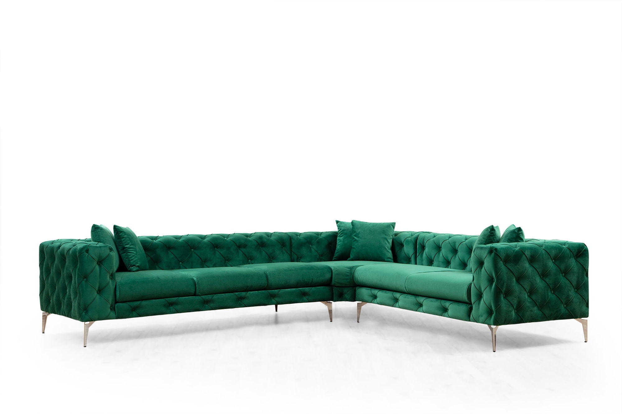 Sofá de canto moderno verde, 310 cm | Estrutura em madeira de faia e aglomerado, 100% poliéster, 6 almofadas incluídas | Capas removíveis, pernas de metal, elegante e confortável