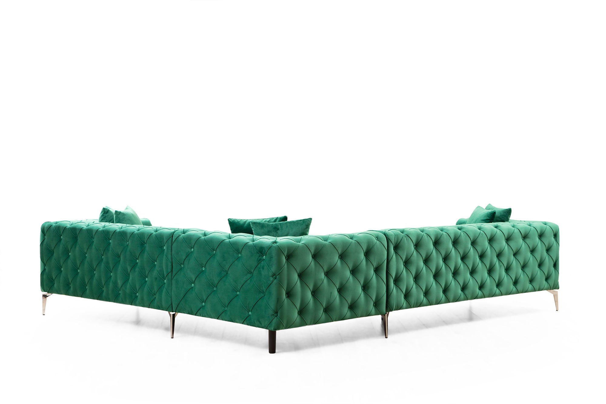 Sofá de canto moderno verde, 310 cm | Estrutura em madeira de faia e aglomerado, 100% poliéster, 6 almofadas incluídas | Capas removíveis, pernas de metal, elegante e confortável