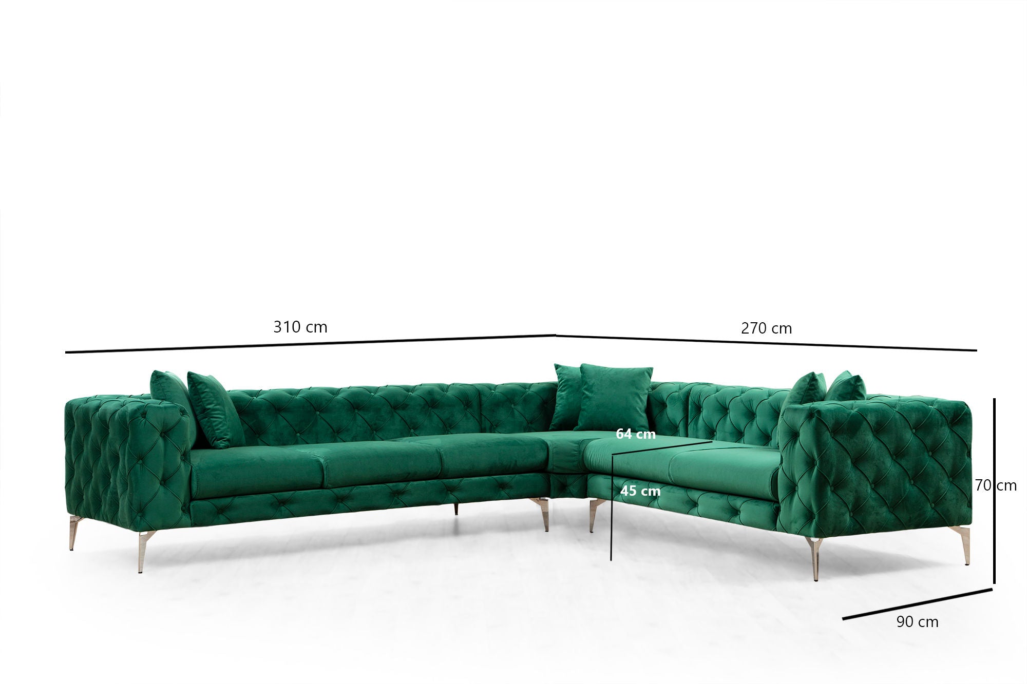 Sofá de canto moderno verde, 310 cm | Estrutura em madeira de faia e aglomerado, 100% poliéster, 6 almofadas incluídas | Capas removíveis, pernas de metal, elegante e confortável
