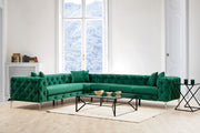 Sofá de canto moderno verde, 310 cm | Estrutura em madeira de faia e aglomerado, 100% poliéster, 6 almofadas incluídas | Capas removíveis, pernas de metal, elegante e confortável