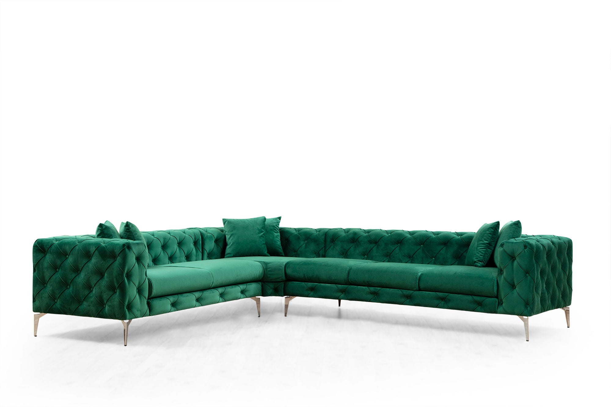 Sofá de canto moderno verde, 310 cm | Estrutura em madeira de faia e aglomerado, 100% poliéster, 6 almofadas incluídas | Capas removíveis, pernas de metal, elegante e confortável