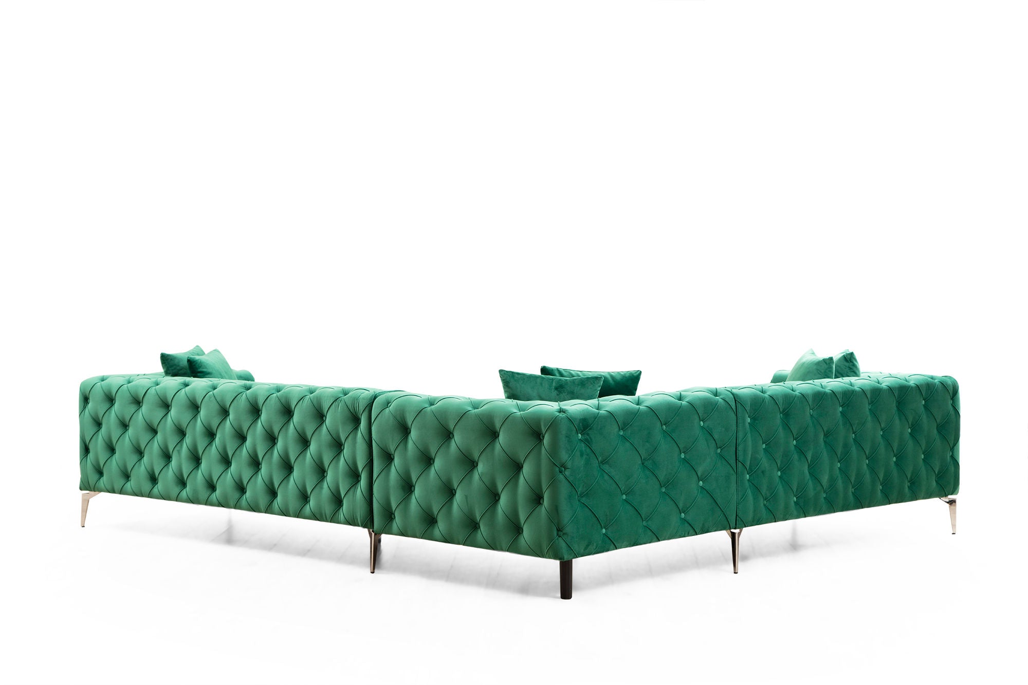 Sofá de canto moderno verde, 310 cm | Estrutura em madeira de faia e aglomerado, 100% poliéster, 6 almofadas incluídas | Capas removíveis, pernas de metal, elegante e confortável