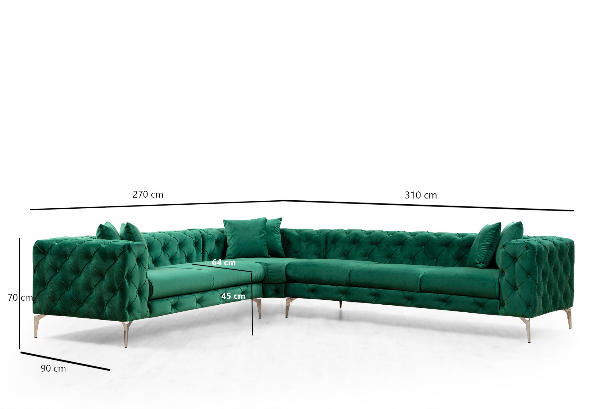 Sofá de canto moderno verde, 310 cm | Estrutura em madeira de faia e aglomerado, 100% poliéster, 6 almofadas incluídas | Capas removíveis, pernas de metal, elegante e confortável