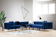 Sofá de canto elegante azul-marinho, estrutura de madeira de faia e aglomerado, 310 x 270 cm | 100% poliéster, 6 almofadas, capas removíveis, pernas de metal | Design moderno e glamouroso