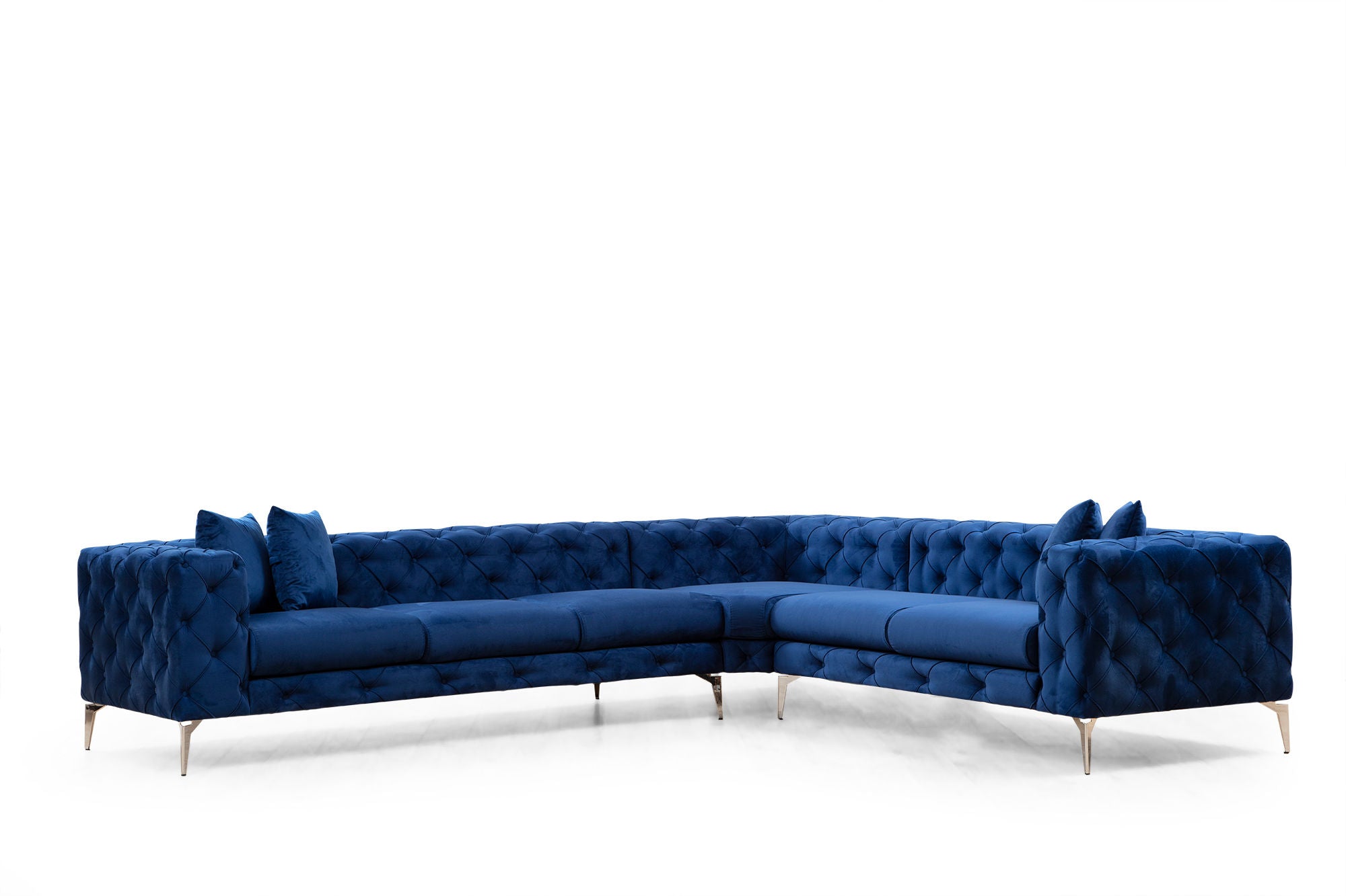 Sofá de canto elegante azul-marinho, estrutura de madeira de faia e aglomerado, 310 x 270 cm | 100% poliéster, 6 almofadas, capas removíveis, pernas de metal | Design moderno e glamouroso