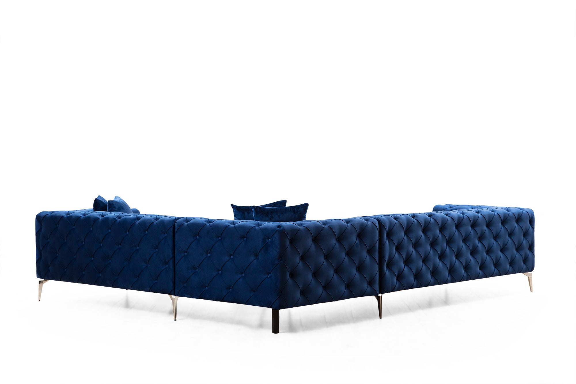 Sofá de canto elegante azul-marinho, estrutura de madeira de faia e aglomerado, 310 x 270 cm | 100% poliéster, 6 almofadas, capas removíveis, pernas de metal | Design moderno e glamouroso