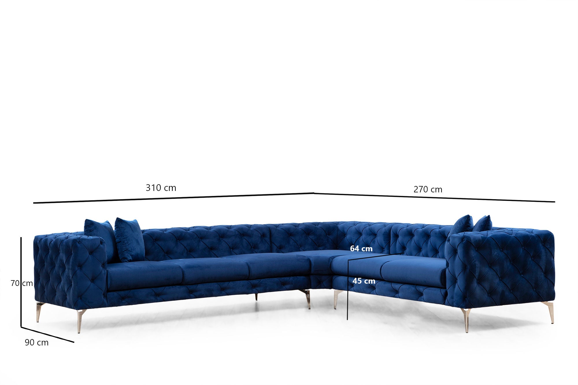 Sofá de canto elegante azul-marinho, estrutura de madeira de faia e aglomerado, 310 x 270 cm | 100% poliéster, 6 almofadas, capas removíveis, pernas de metal | Design moderno e glamouroso