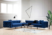Sofá de canto elegante azul-marinho, estrutura de madeira de faia e aglomerado, 310 x 270 cm | 100% poliéster, 6 almofadas, capas removíveis, pernas de metal | Design moderno e glamouroso