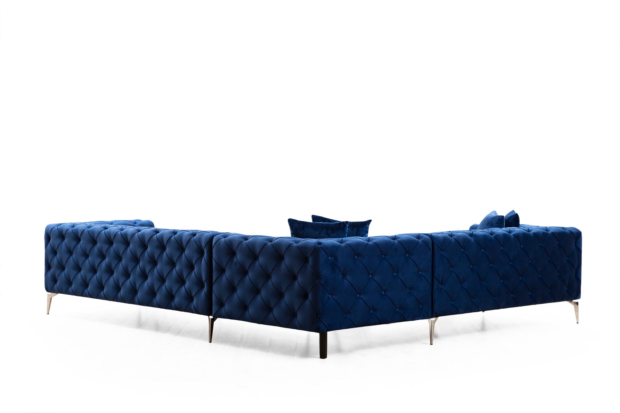 Sofá de canto elegante azul-marinho, estrutura de madeira de faia e aglomerado, 310 x 270 cm | 100% poliéster, 6 almofadas, capas removíveis, pernas de metal | Design moderno e glamouroso