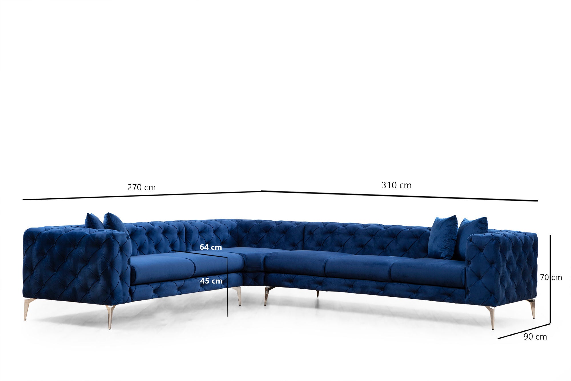 Sofá de canto elegante azul-marinho, estrutura de madeira de faia e aglomerado, 310 x 270 cm | 100% poliéster, 6 almofadas, capas removíveis, pernas de metal | Design moderno e glamouroso