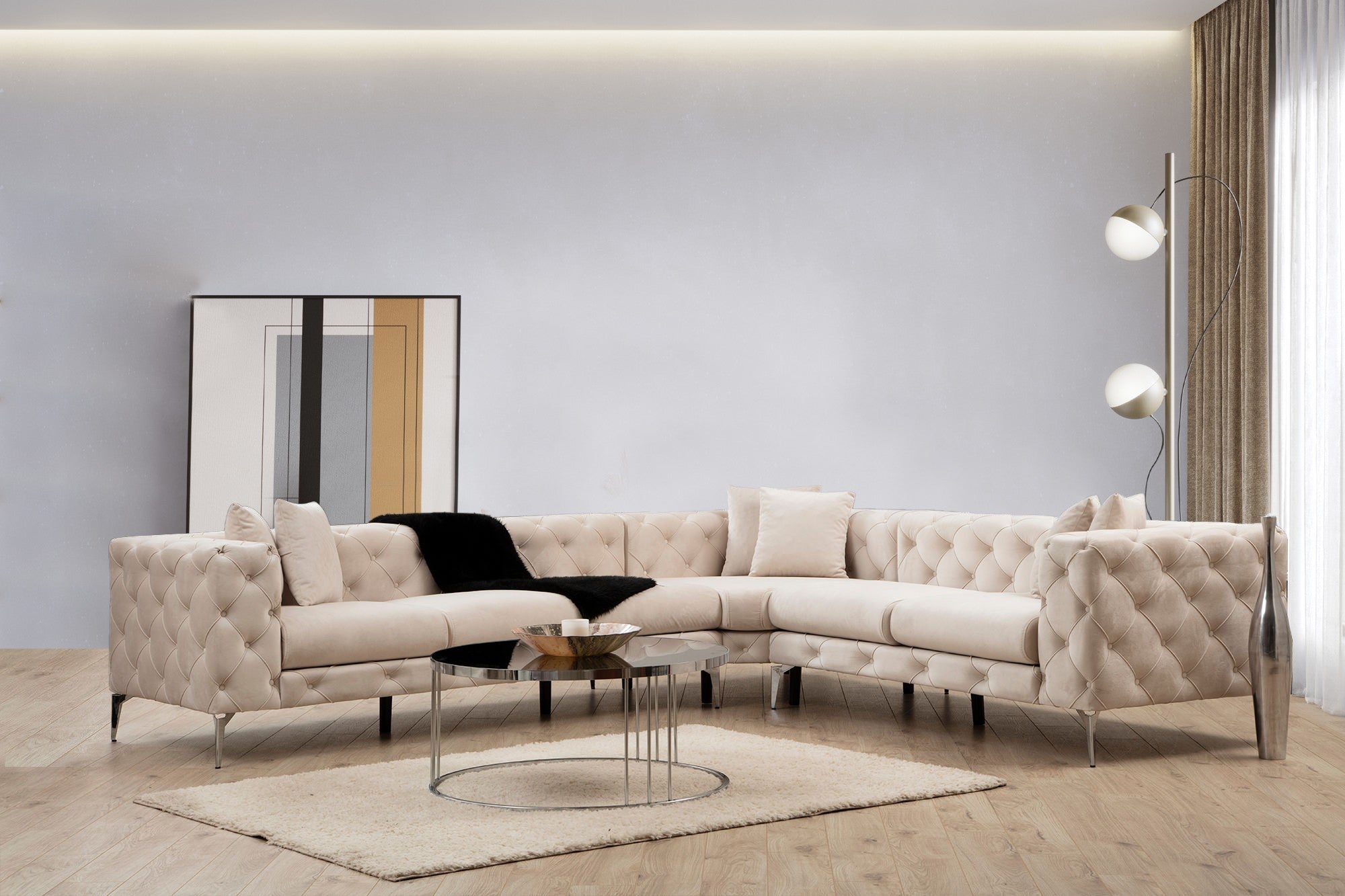 Sofá de canto moderno, cru, 310 x 270 x 70 cm | Estrutura em madeira de faia e aglomerado, 100% poliéster, 6 almofadas, capas removíveis, pernas de metal | Elegante e confortável