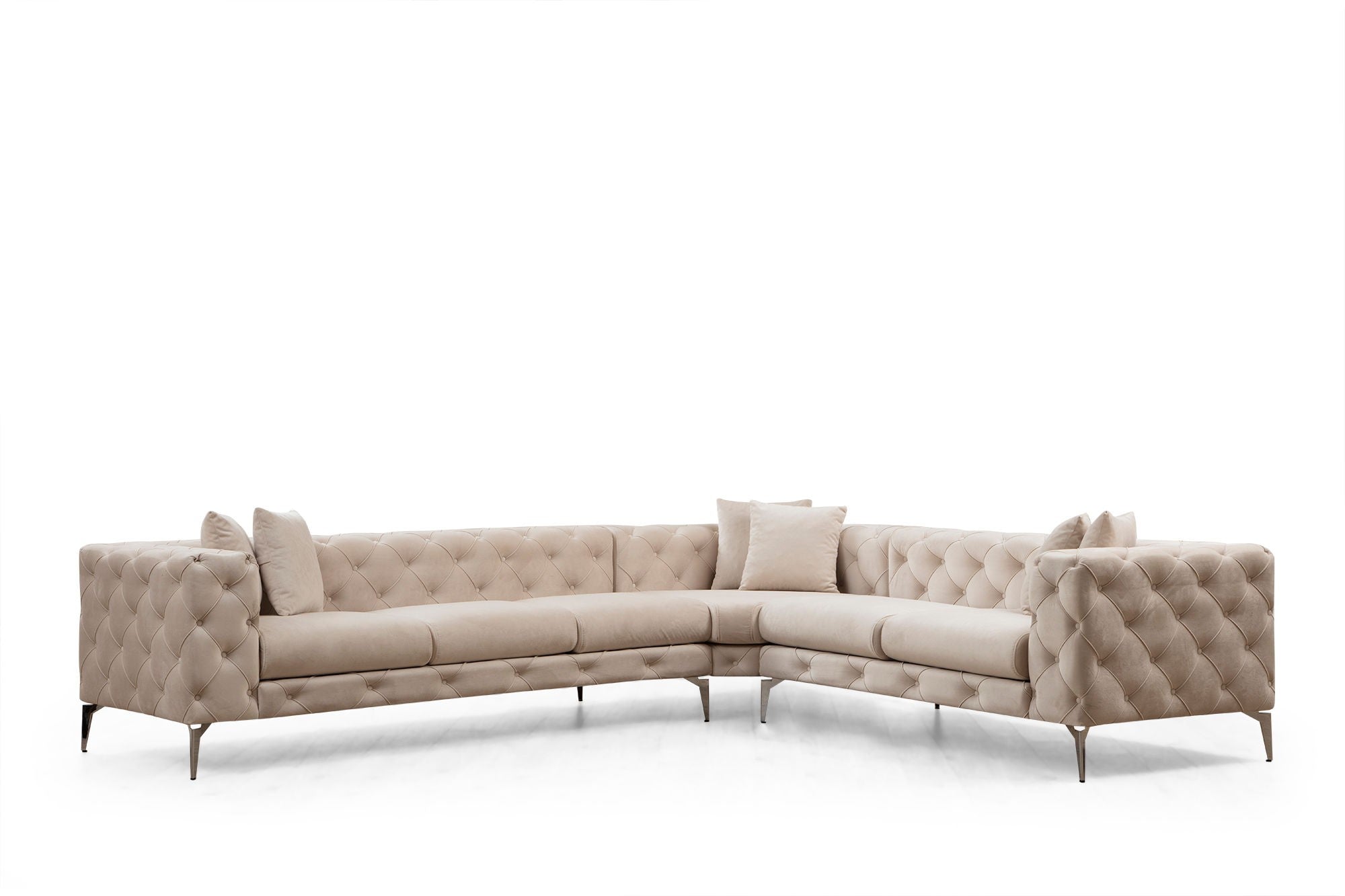 Sofá de canto moderno, cru, 310 x 270 x 70 cm | Estrutura em madeira de faia e aglomerado, 100% poliéster, 6 almofadas, capas removíveis, pernas de metal | Elegante e confortável