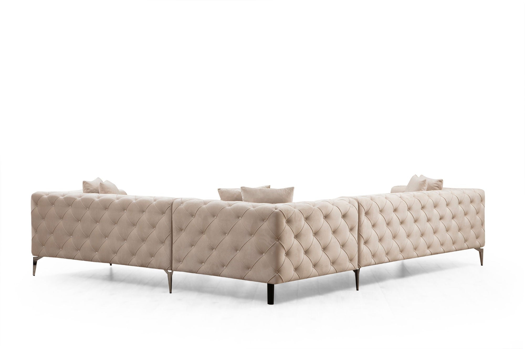 Sofá de canto moderno, cru, 310 x 270 x 70 cm | Estrutura em madeira de faia e aglomerado, 100% poliéster, 6 almofadas, capas removíveis, pernas de metal | Elegante e confortável