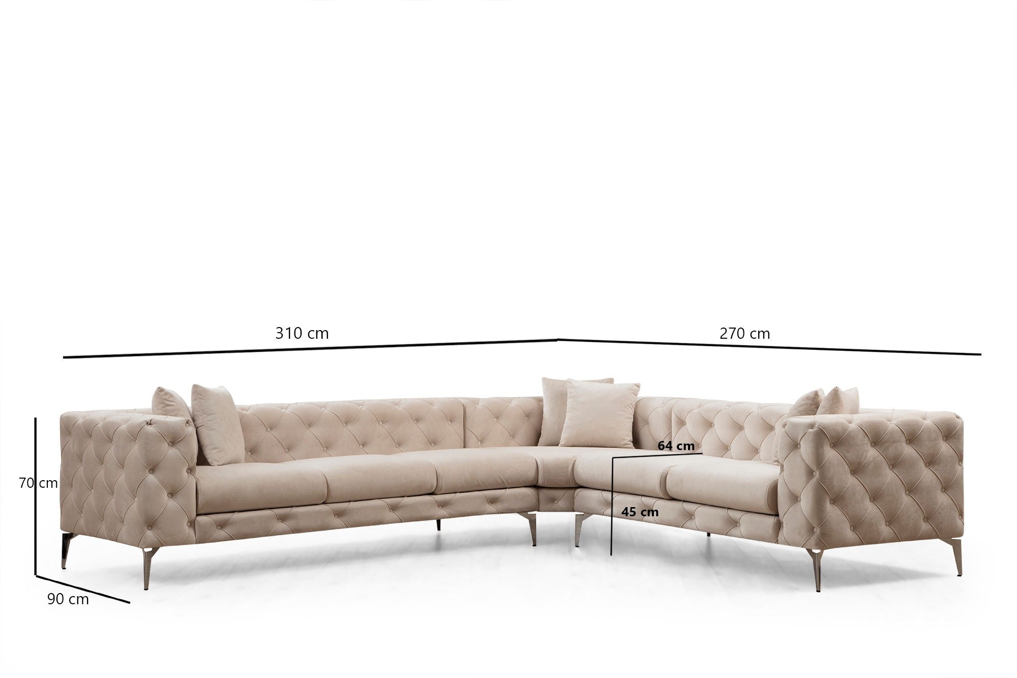 Sofá de canto moderno, cru, 310 x 270 x 70 cm | Estrutura em madeira de faia e aglomerado, 100% poliéster, 6 almofadas, capas removíveis, pernas de metal | Elegante e confortável