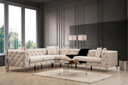 Sofá de canto moderno, cru, 310 x 270 x 70 cm | Estrutura em madeira de faia e aglomerado, 100% poliéster, 6 almofadas, capas removíveis, pernas de metal | Elegante e confortável
