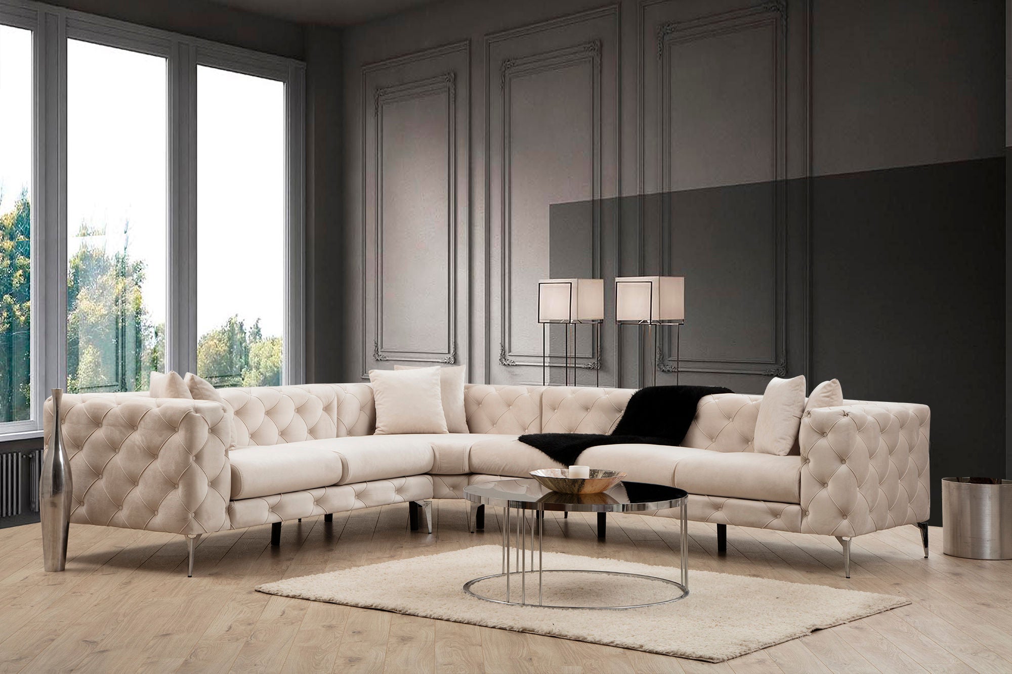 Sofá de canto moderno, cru, 310 x 270 x 70 cm | Estrutura em madeira de faia e aglomerado, 100% poliéster, 6 almofadas, capas removíveis, pernas de metal | Elegante e confortável