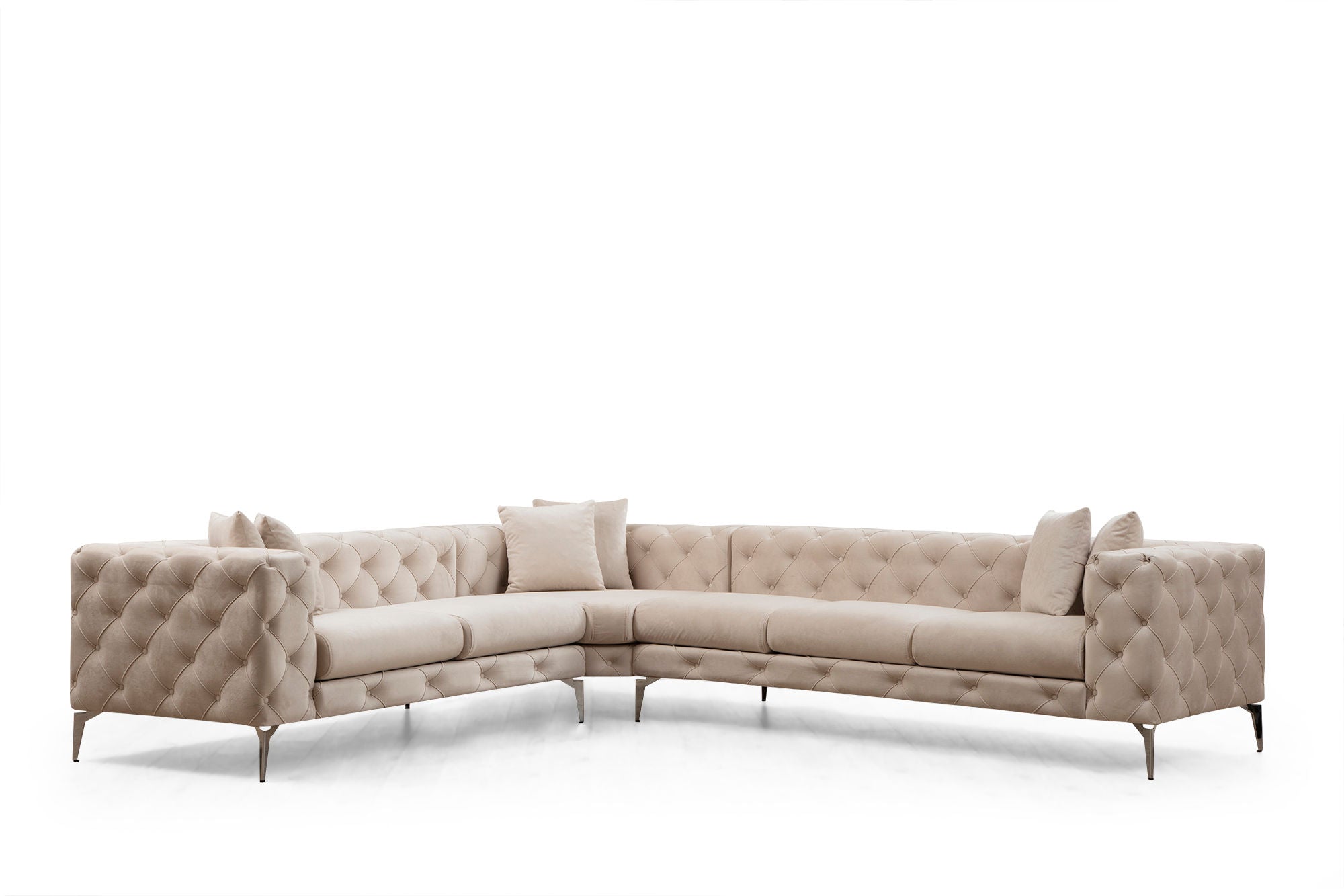 Sofá de canto moderno, cru, 310 x 270 x 70 cm | Estrutura em madeira de faia e aglomerado, 100% poliéster, 6 almofadas, capas removíveis, pernas de metal | Elegante e confortável