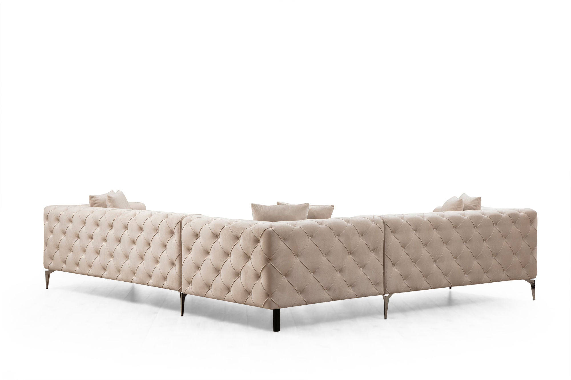 Sofá de canto moderno, cru, 310 x 270 x 70 cm | Estrutura em madeira de faia e aglomerado, 100% poliéster, 6 almofadas, capas removíveis, pernas de metal | Elegante e confortável