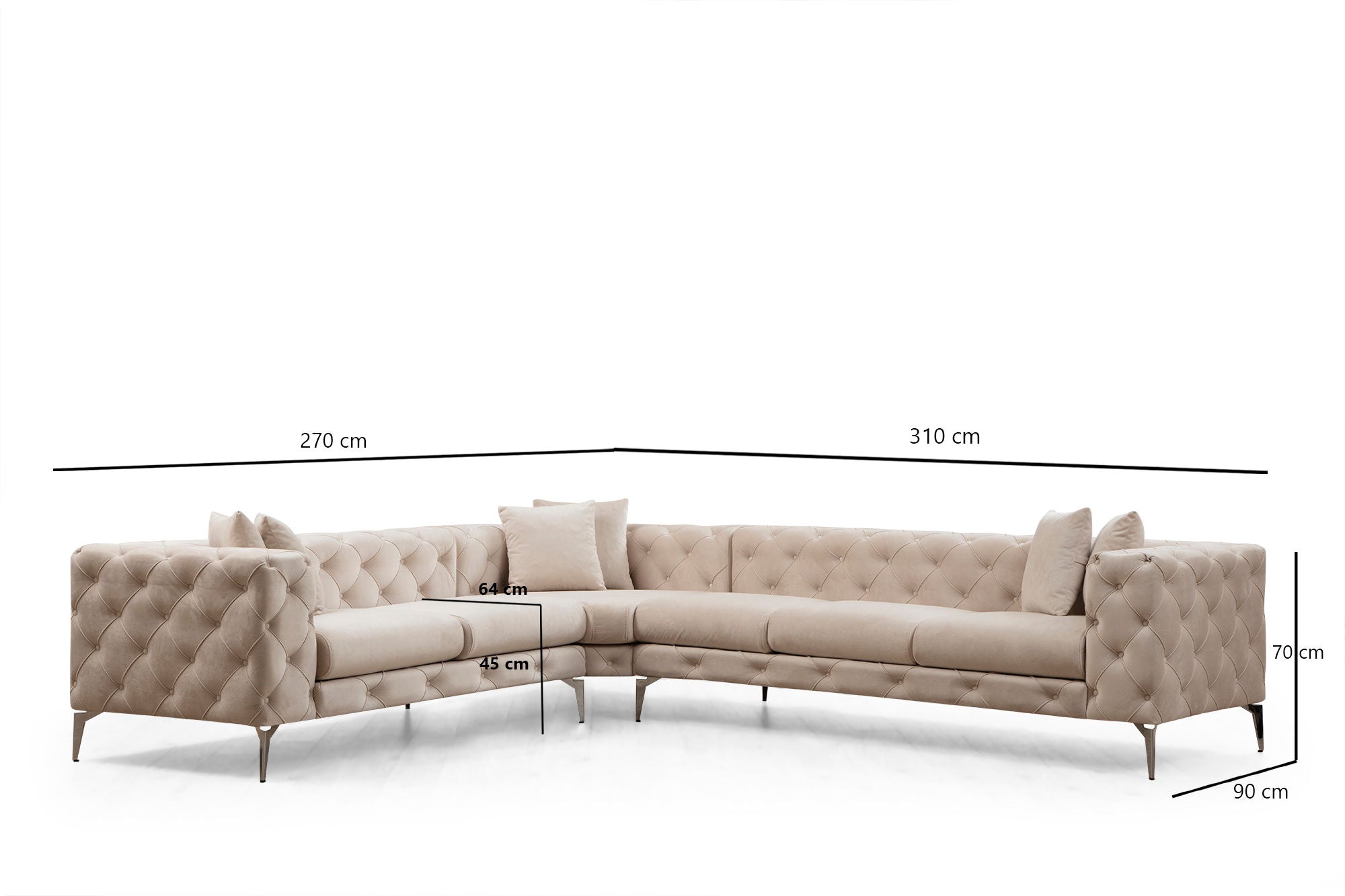 Sofá de canto moderno, cru, 310 x 270 x 70 cm | Estrutura em madeira de faia e aglomerado, 100% poliéster, 6 almofadas, capas removíveis, pernas de metal | Elegante e confortável