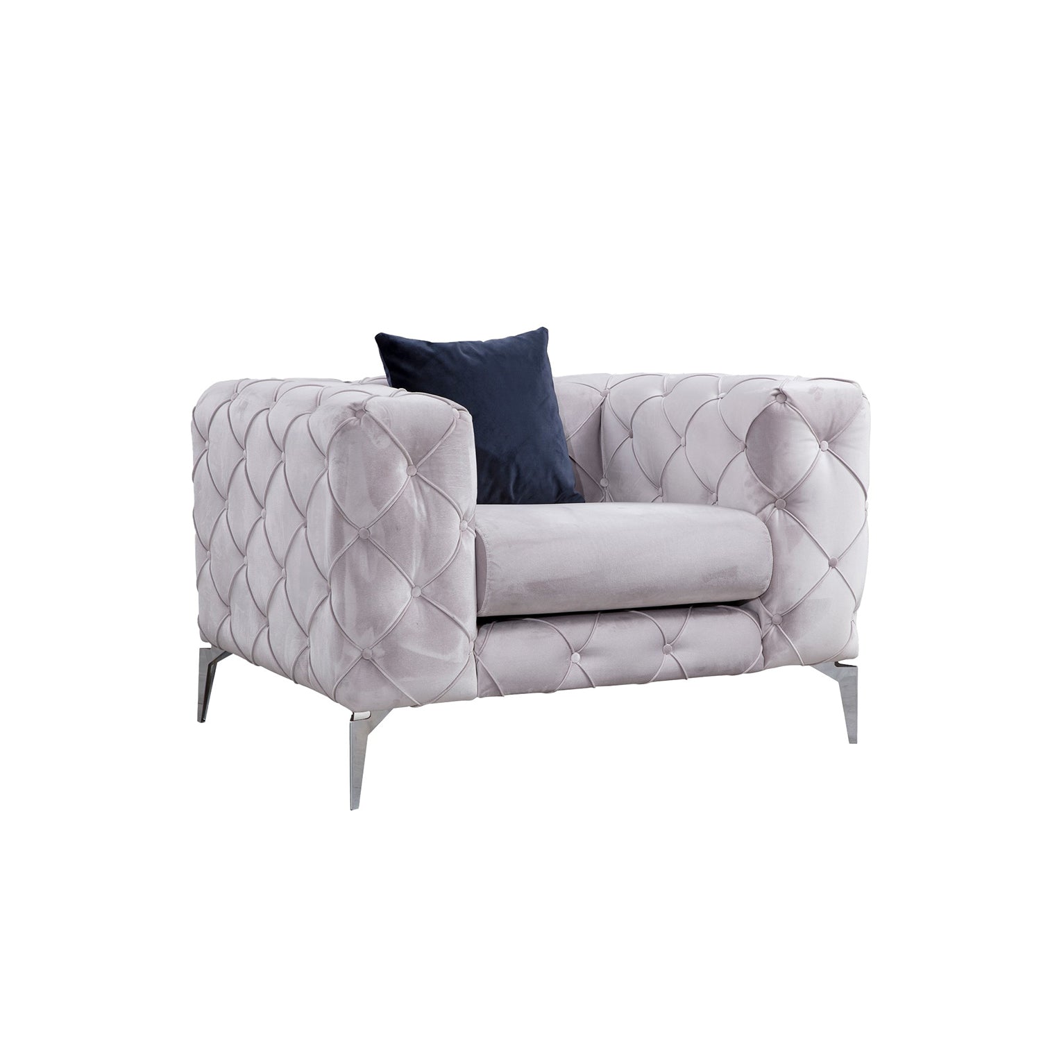Poltrona moderna, cinza claro, estrutura em madeira de faia e aglomerado, 108x90x70 cm | 100% poliéster, pernas cromadas, inclui almofada | Elegante e confortável para casa e hotel