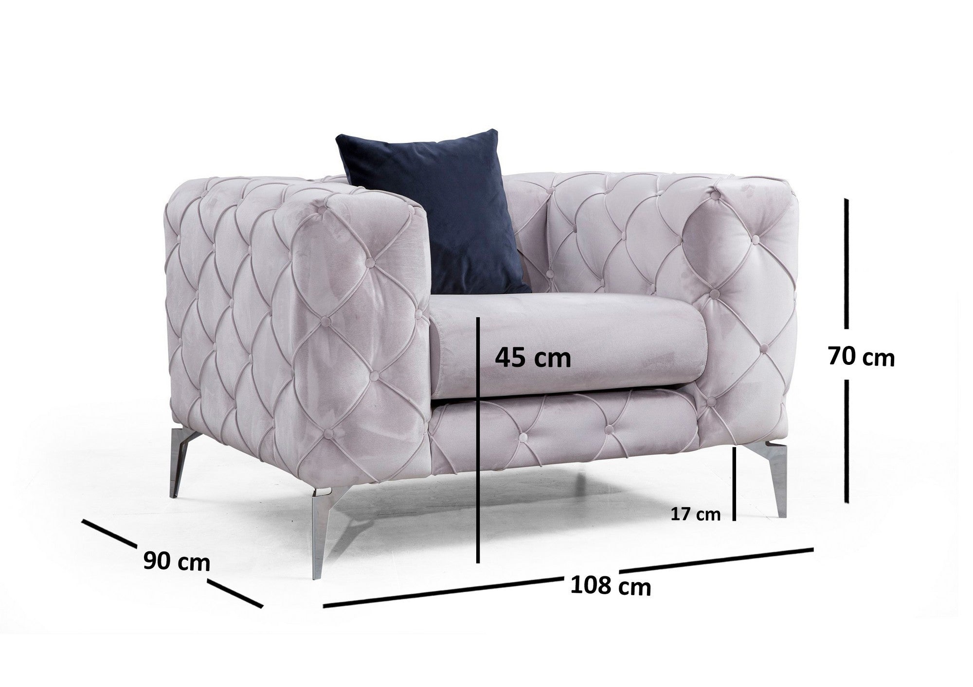 Poltrona moderna, cinza claro, estrutura em madeira de faia e aglomerado, 108x90x70 cm | 100% poliéster, pernas cromadas, inclui almofada | Elegante e confortável para casa e hotel