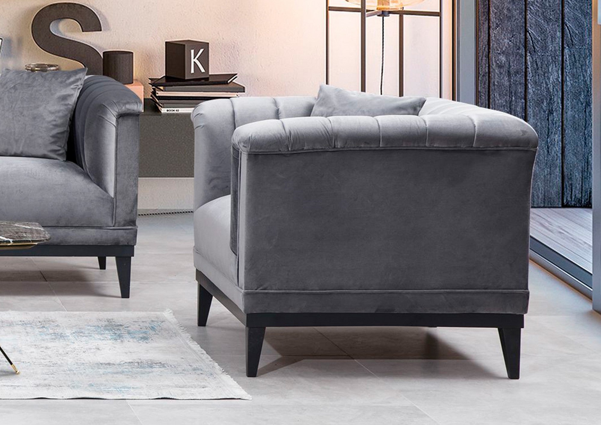 Poltrona moderna com orelhas, cinza escuro, 105 x 79 x 89 cm | Estrutura em madeira de faia, 100% poliéster, sistema de sofá-cama, inclui 2 almofadas | Elegante e funcional para casa e escritório