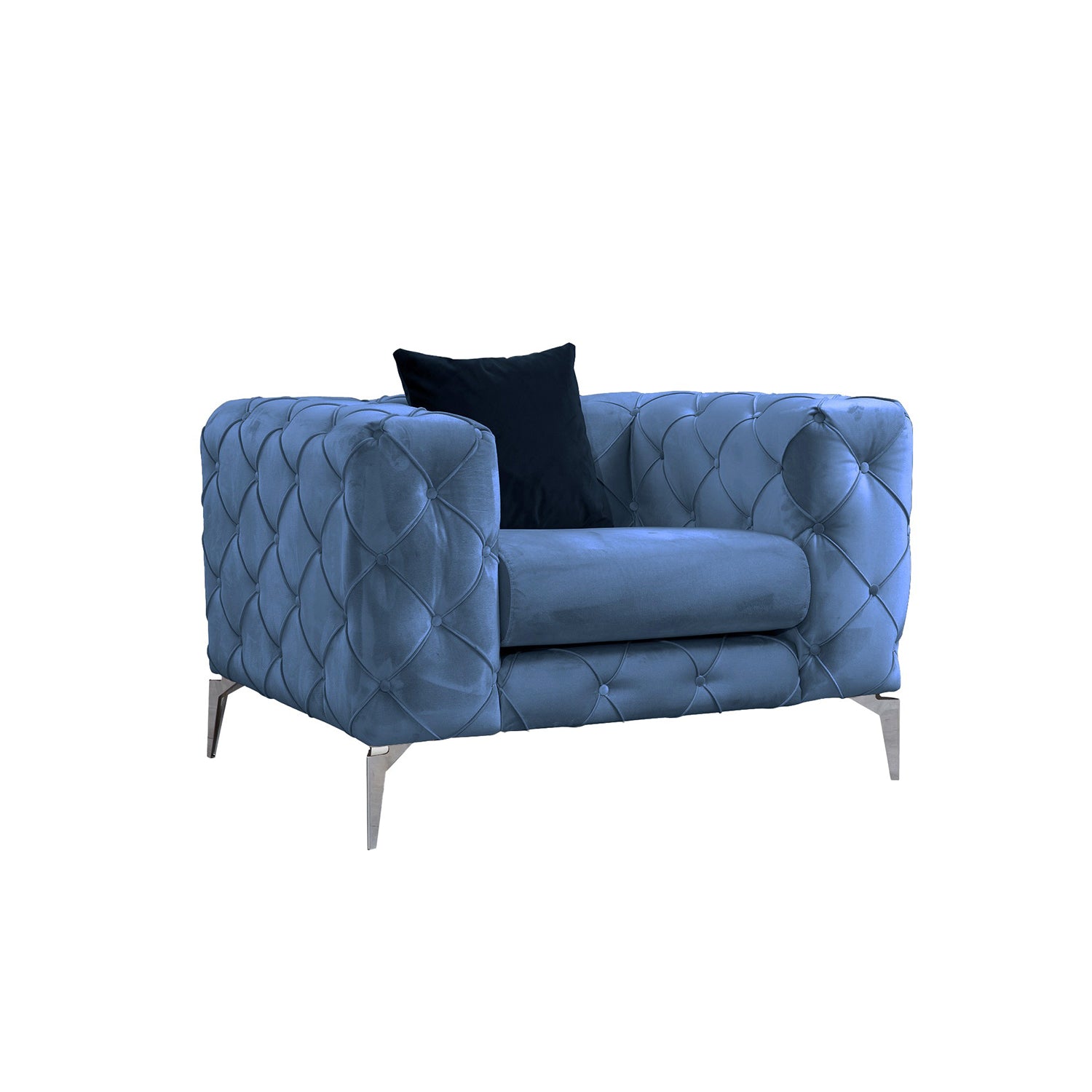 Poltrona moderna com pernas cromadas, tecido azul, 108 cm | Estrutura em madeira de faia e aglomerado, 100% poliéster, capa de almofada removível | Design elegante e confortável para residências e hotéis