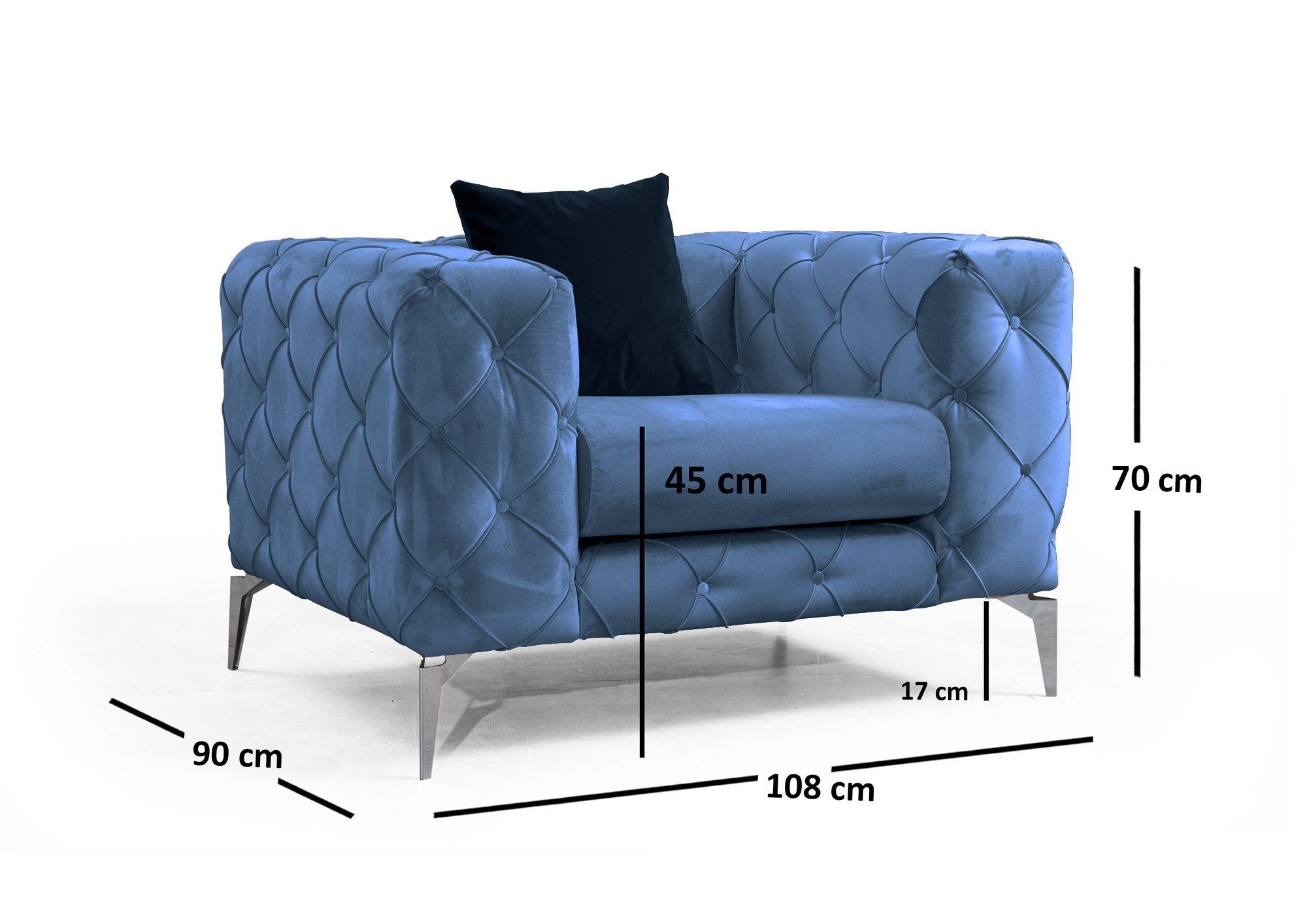 Poltrona moderna com pernas cromadas, tecido azul, 108 cm | Estrutura em madeira de faia e aglomerado, 100% poliéster, capa de almofada removível | Design elegante e confortável para residências e hotéis