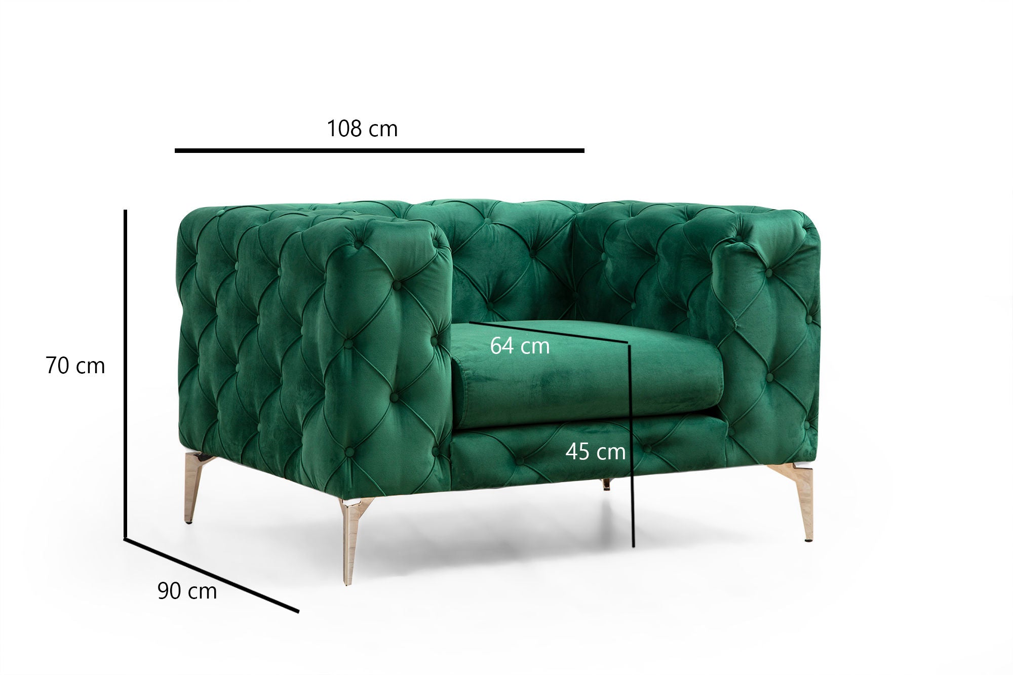 Poltrona Elegante Verde, Estrutura em Madeira de Faia e Aglomerado, 108x70x90 cm | 100% Poliéster, Pernas Cromadas, Capa de Almofada Removível | Perfeita para Espaços Modernos