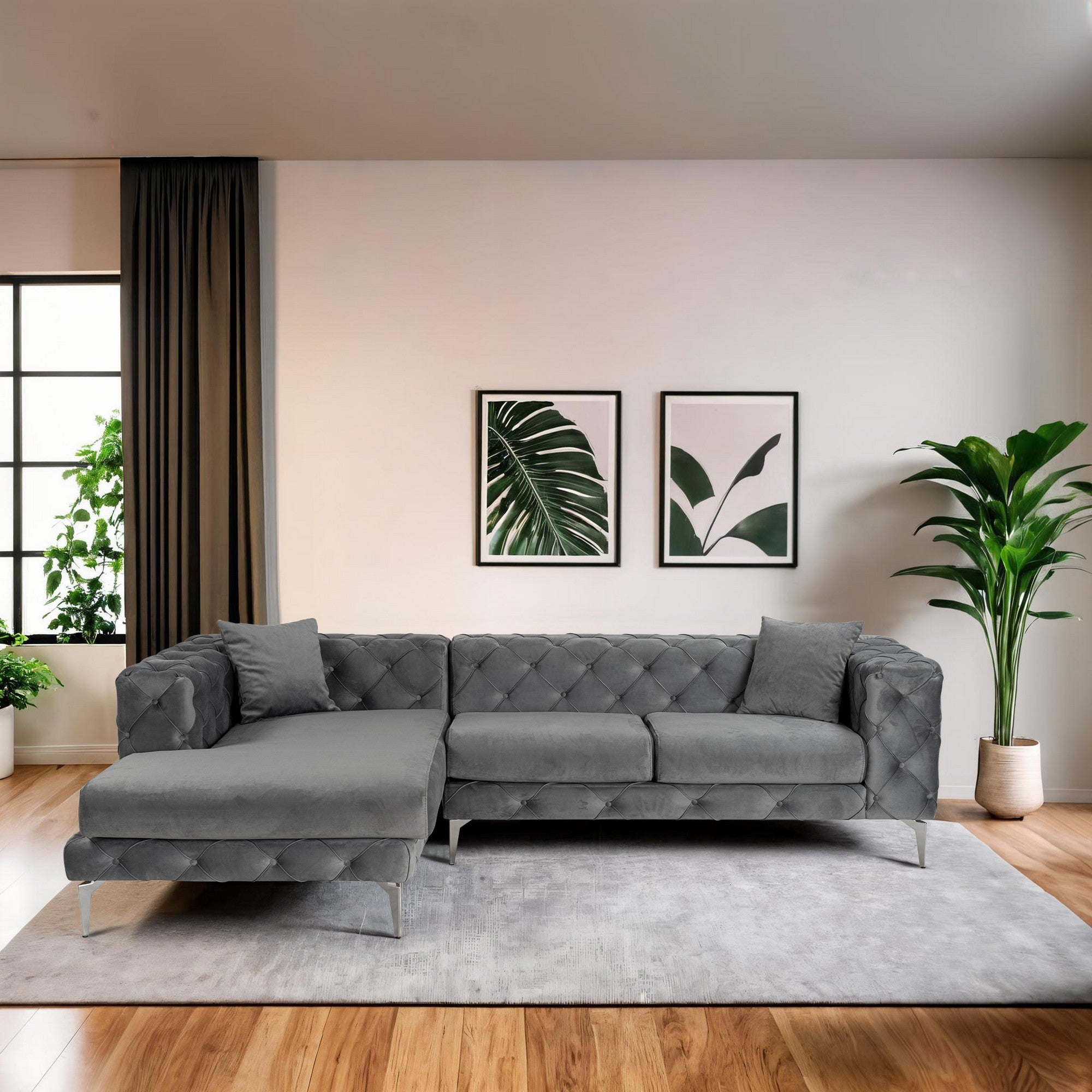Sofá de canto elegante, antracite, 270 x 180 x 72 cm | Estrutura em madeira de faia e aglomerado, 100% poliéster, capas removíveis, inclui 2 almofadas | Conforto moderno para salas de estar