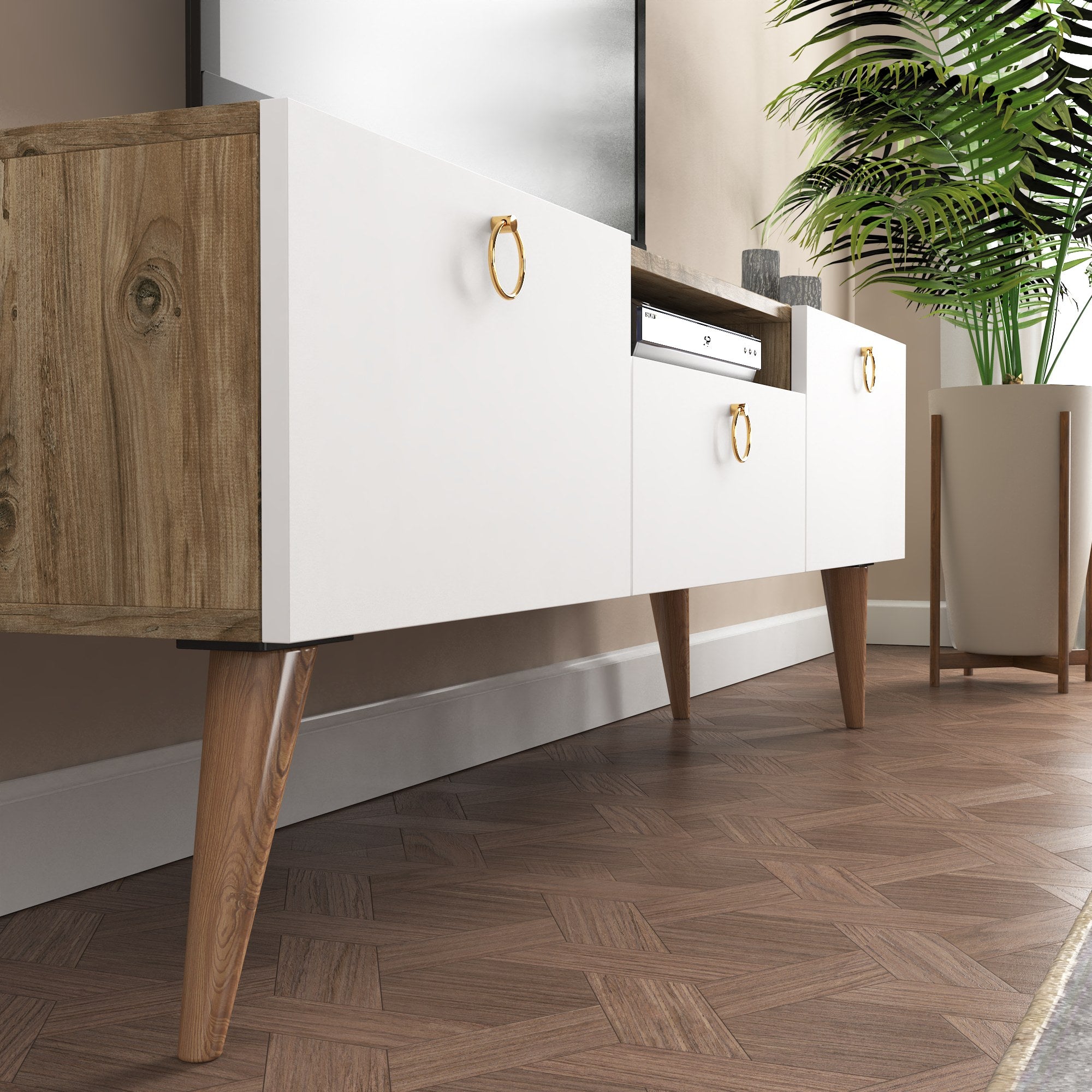 Mesa de TV em Carvalho e Branco com Múltiplas Prateleiras - 140cm de Largura