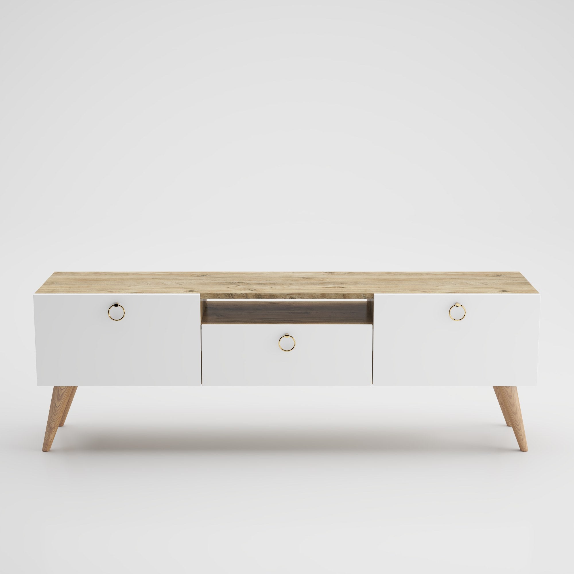 Mesa de TV em Carvalho e Branco com Múltiplas Prateleiras - 140cm de Largura