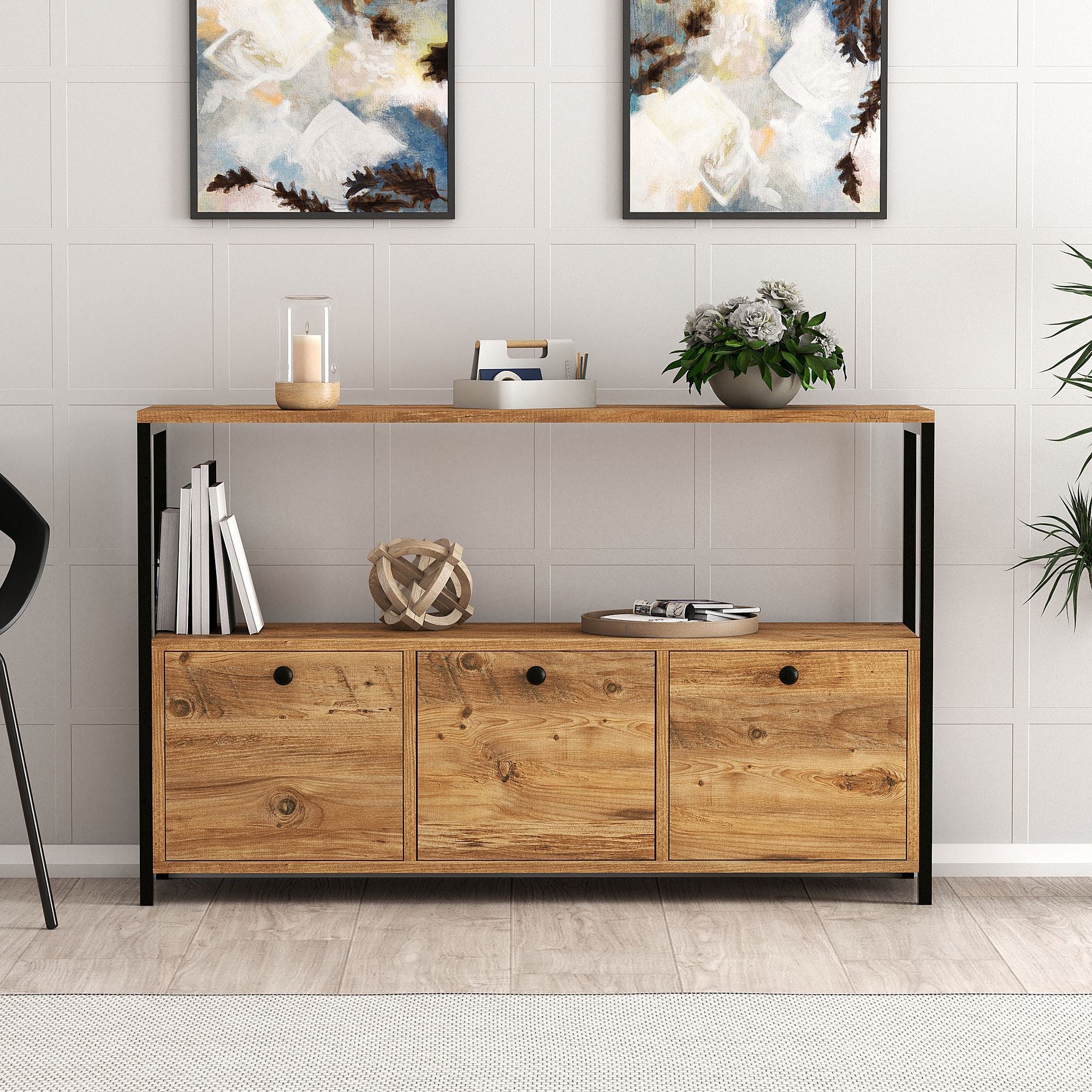 Aparador Industrial com Suporte Multiuso para Suspensão – 120x75x30 cm – Preto – 100% Melamina