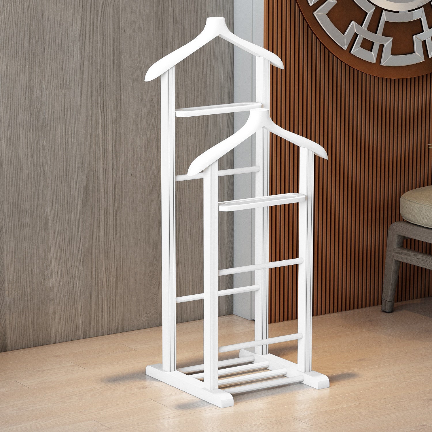 Cabide Escandinavo, 100% Madeira de Faia, Branco, 33,5 cm L x 120 cm A x 46 cm P | Cabide Multiuso Elegante e Funcional para Espaços Modernos