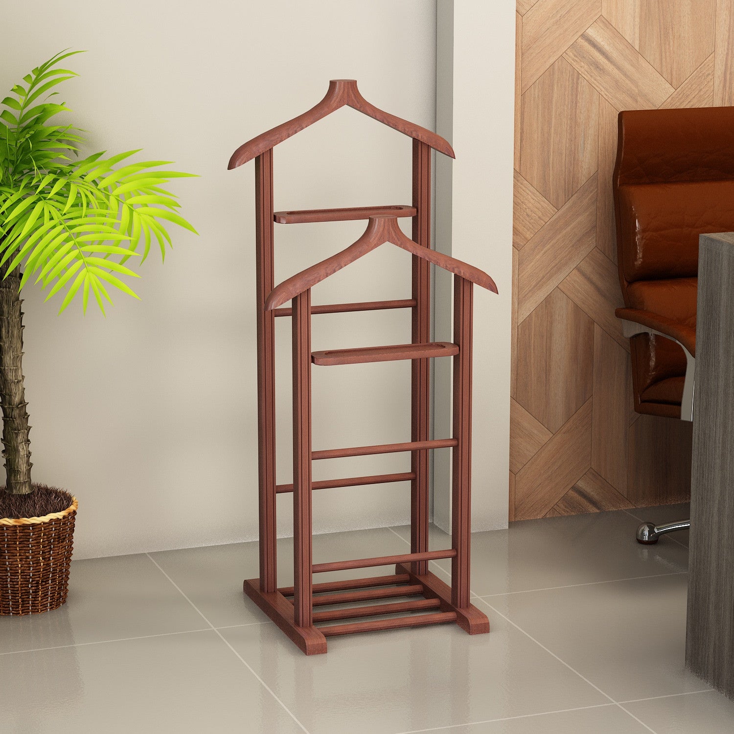 Cabide elegante, 100% madeira de faia, acabamento em nogueira, 33,5 cm L x 120 cm A x 46 cm P | Cabide multiuso, montado, perfeito para casa e escritório