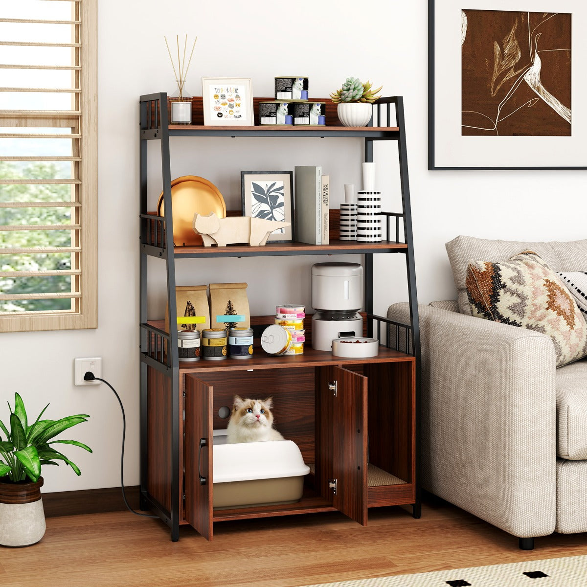 Móvel de Casa de Banho Oculto para Gatos com Estação de Carregamento Integrada Tapete Arranhador Casa de Banho para Animais de Estimação 80 x 40 x 132 cm Nogueira