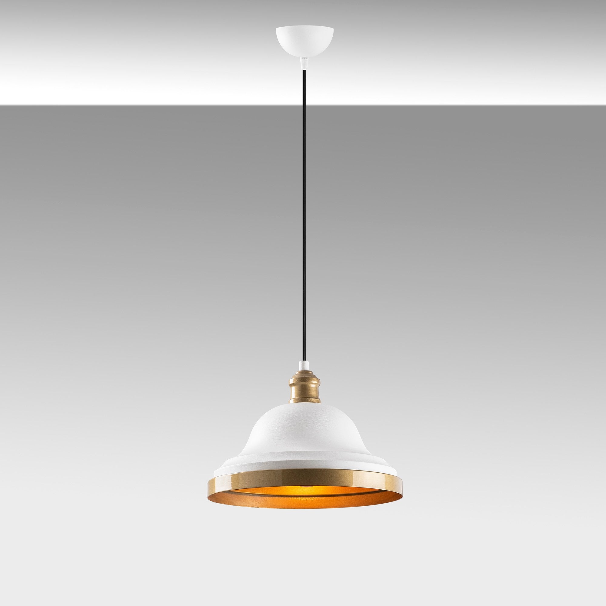 Candeeiro de Teto Escandinavo Elegante, Branco e Dourado, 30 x 30 cm, Altura 115 cm | Ajustável, Soquete E27, IP20 | Perfeito para Decoração e Iluminação Moderna