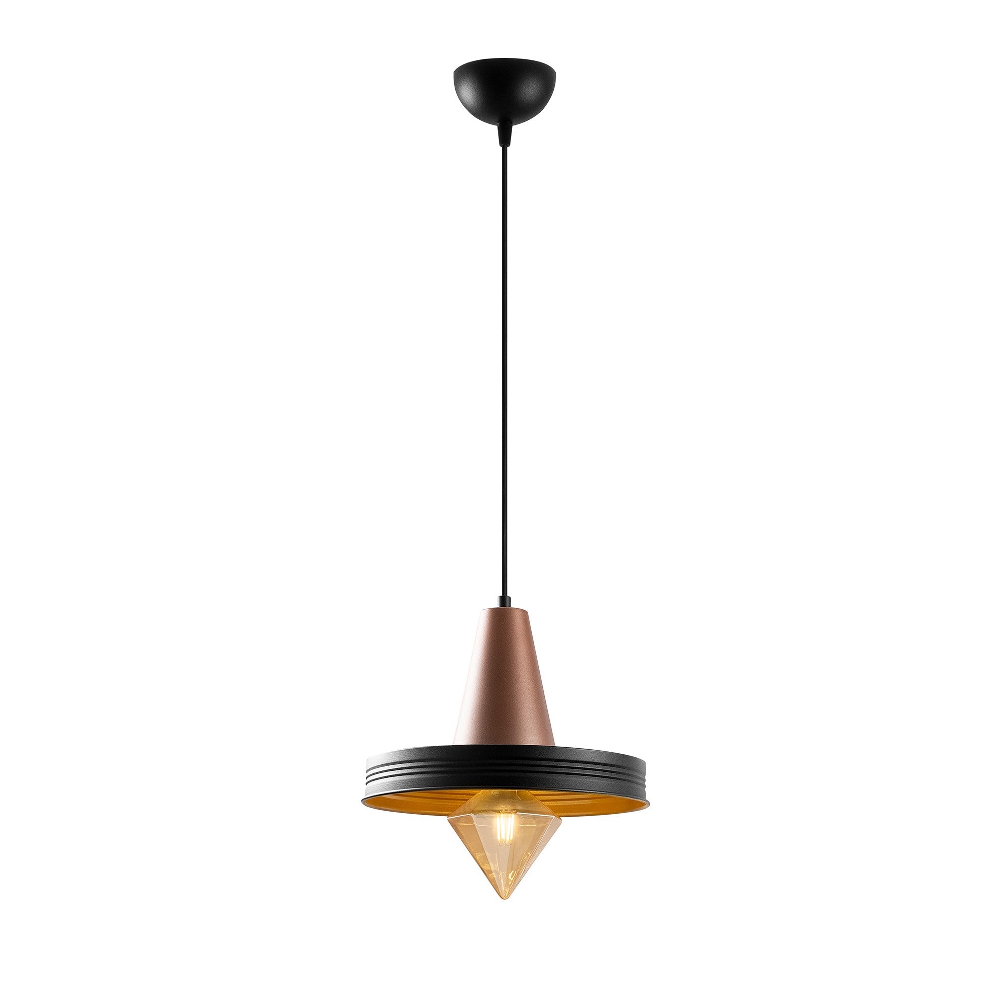 Candeeiro de Teto moderno com corpo de metal, preto e cobre, 32 x 32 cm, altura 119 cm, ajustável, E27 máx. 40 W, elegante para decoração glam e escandinava