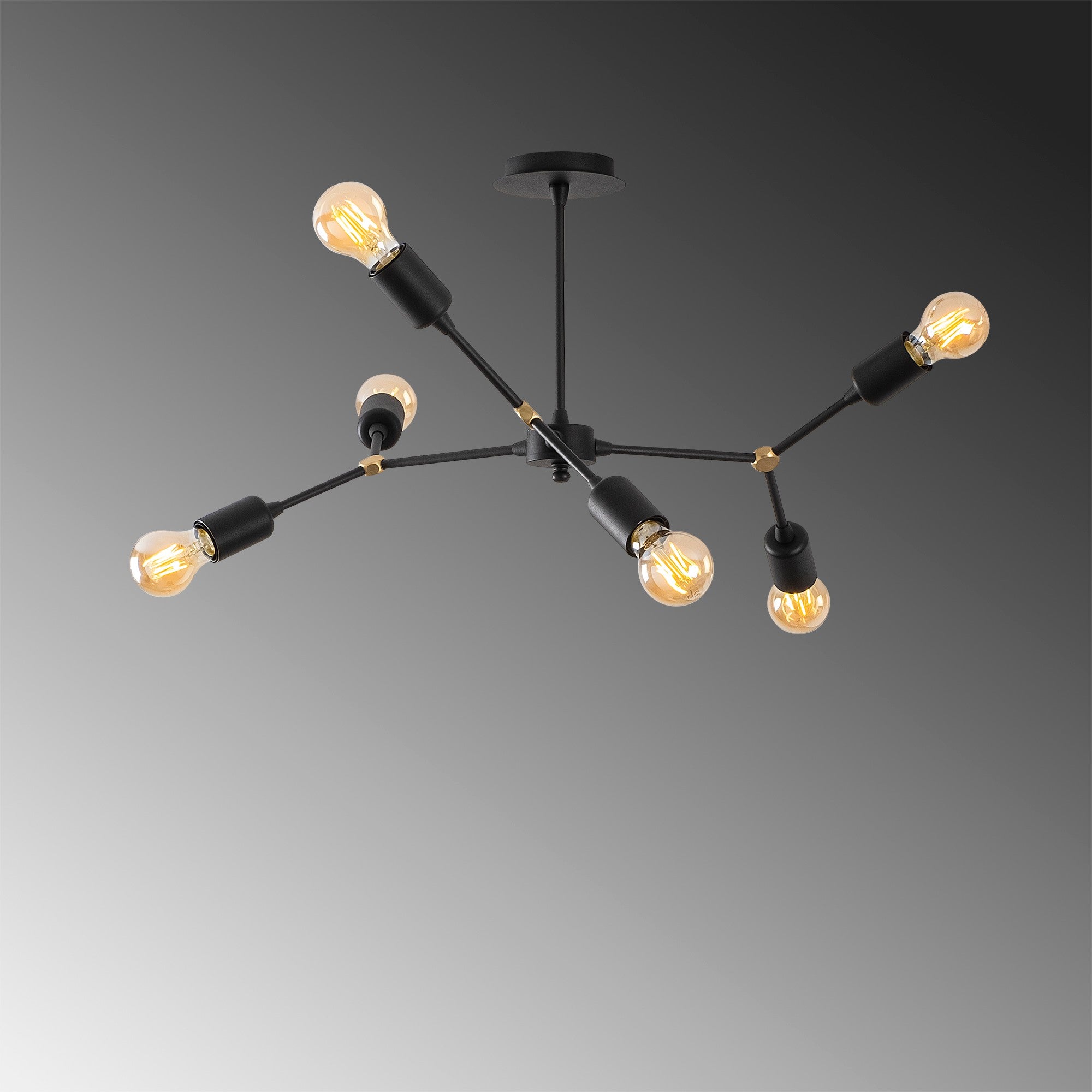 Candeeiro de Teto Preto Moderno, Corpo em Metal, 67 x 67 cm, Altura 43 cm | 6 x E27 Máx. 40 W, IP20 | Design Industrial Elegante para Iluminação Residencial e de Escritório